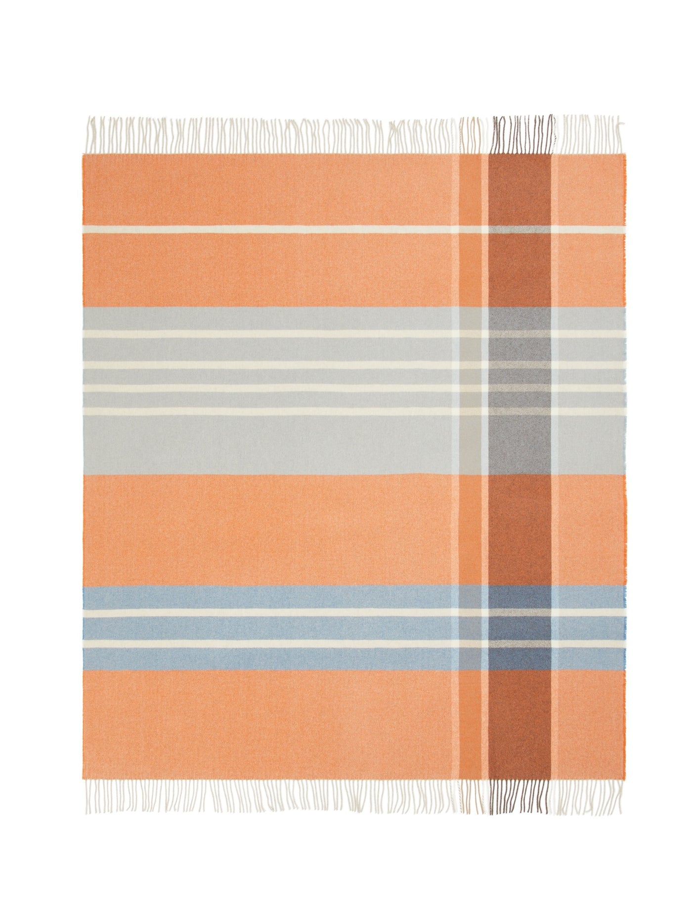 Lanerossi Everest Check throw laid flat, orange plaid with slate blue and ivory stripes, fringe trim.