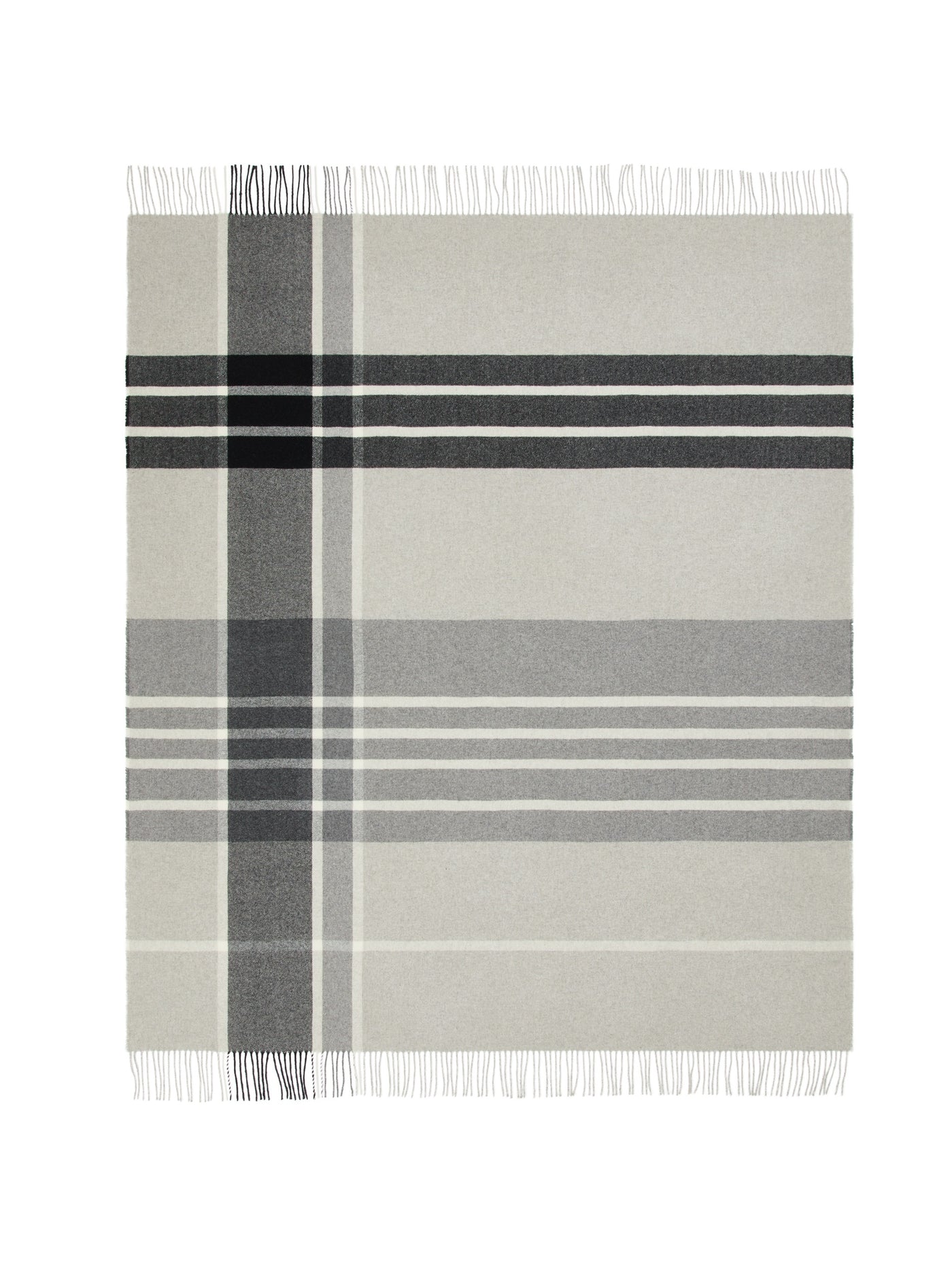 Lanerossi Everest Check throw in ivory with charcoal and grey plaid stripes and fringe trim.