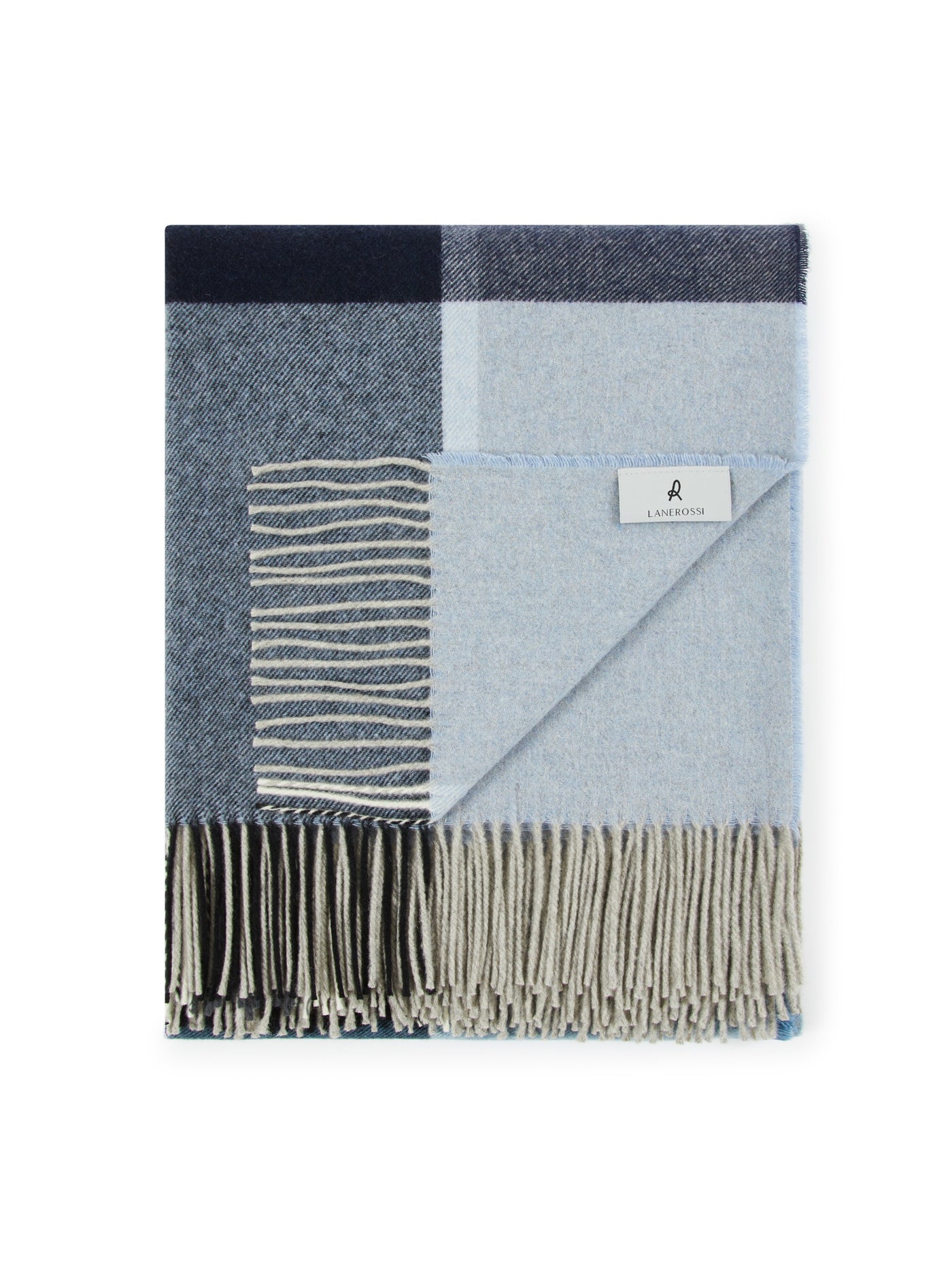 Lanerossi Everest Check throw folded to reveal pale blue reverse and striped interior, taupe fringe.