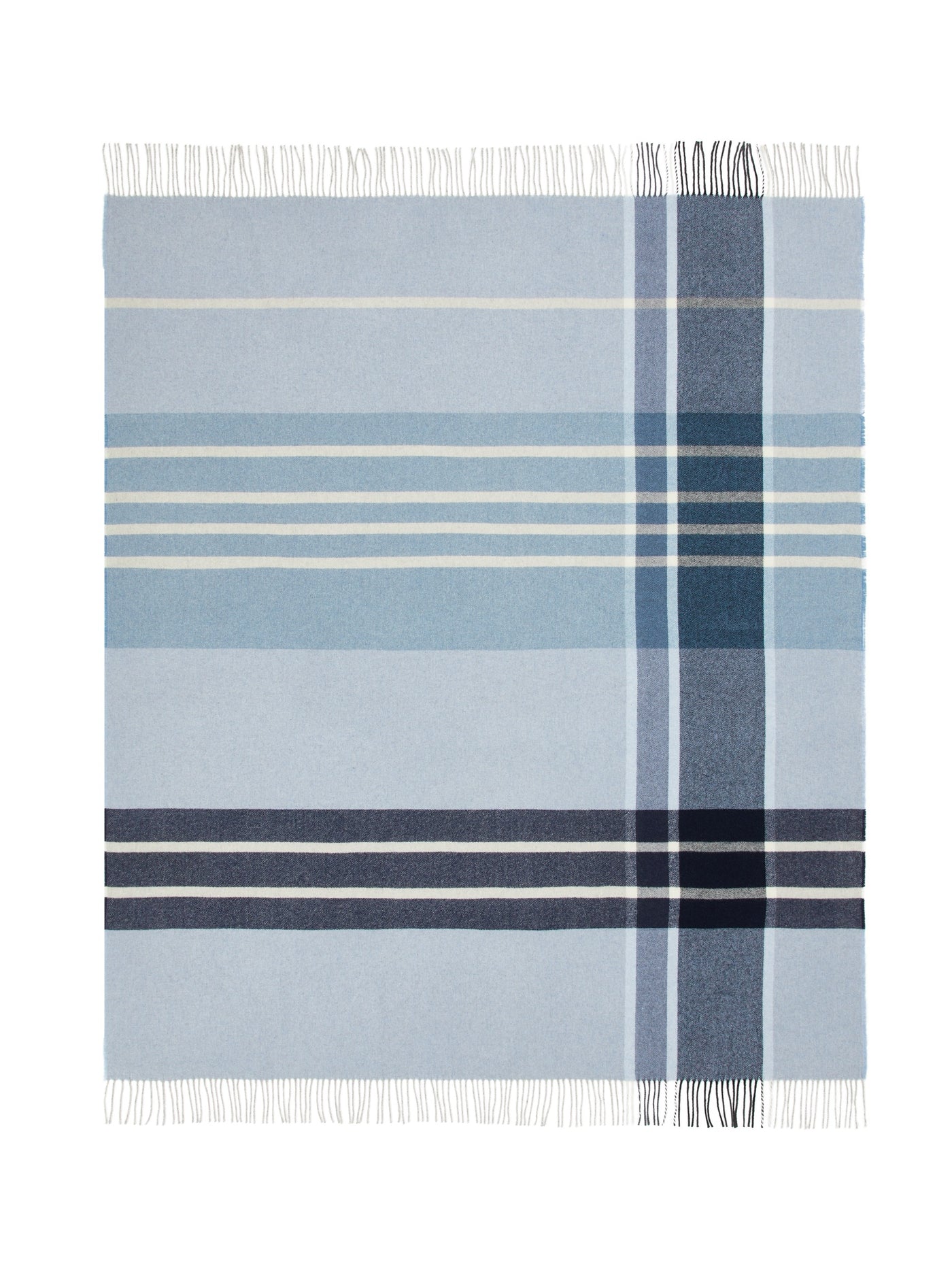 Lanerossi Everest Check throw laid flat, sky blue plaid with navy and ivory stripes, fringe trim.