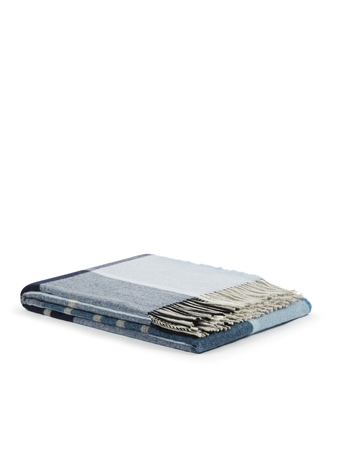 Close-up of folded Lanerossi Everest Check throw in navy and sky blue with cream fringe.