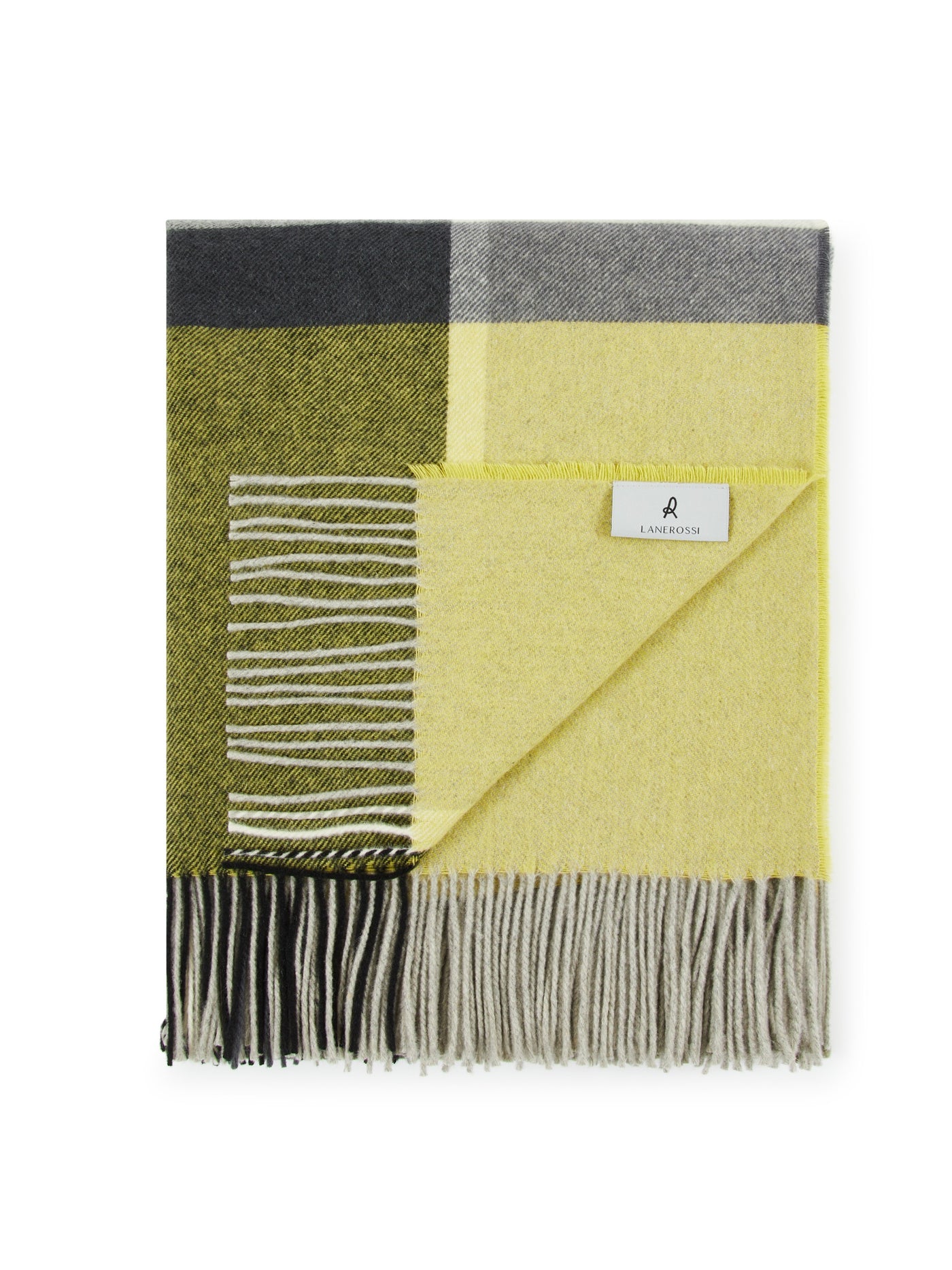 Folded Lanerossi Everest Check throw in yellow and charcoal, fringe edge visible.