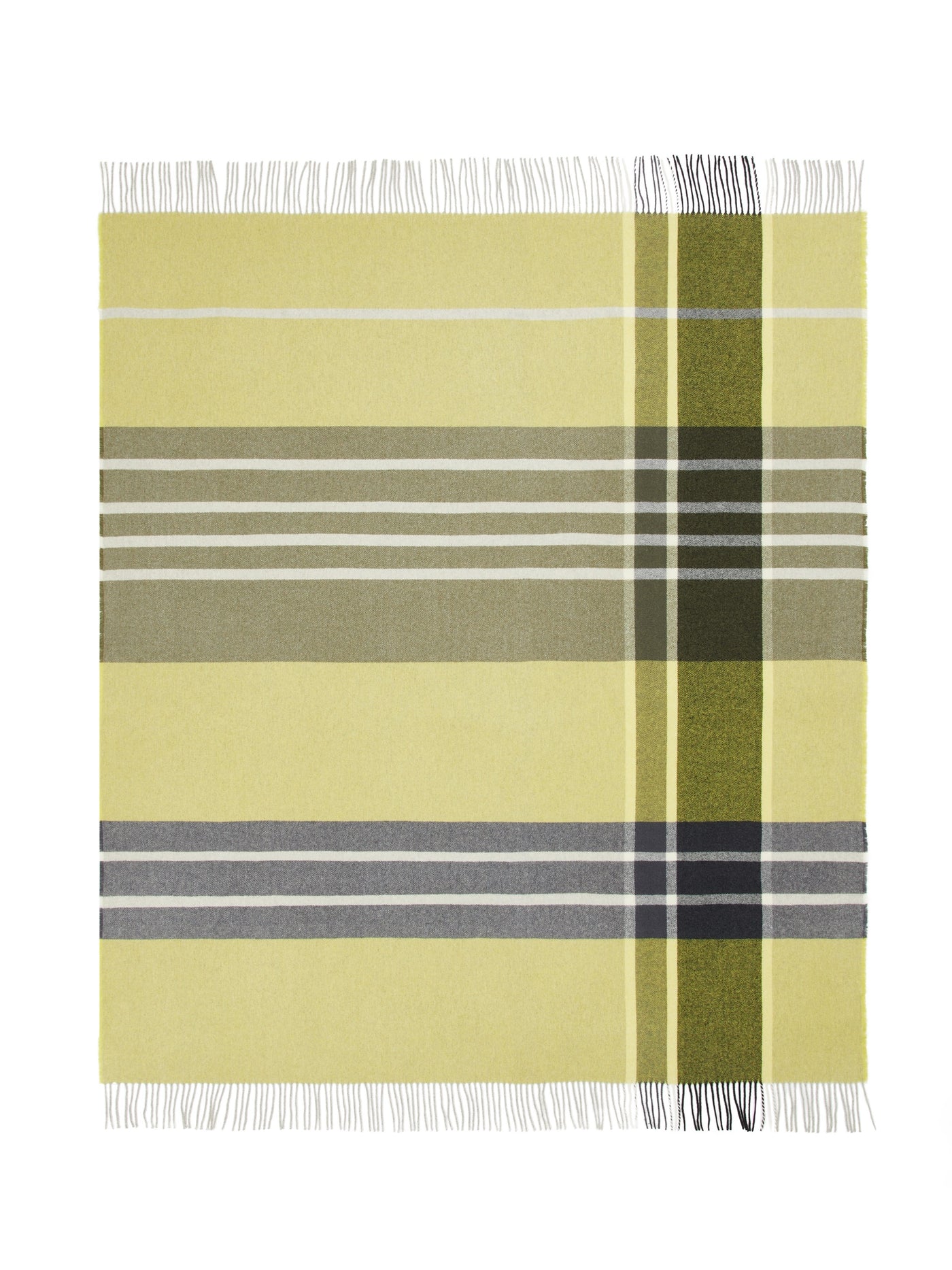 Citron and olive plaid throw with grey and white stripes, fringed edges, laid flat.
