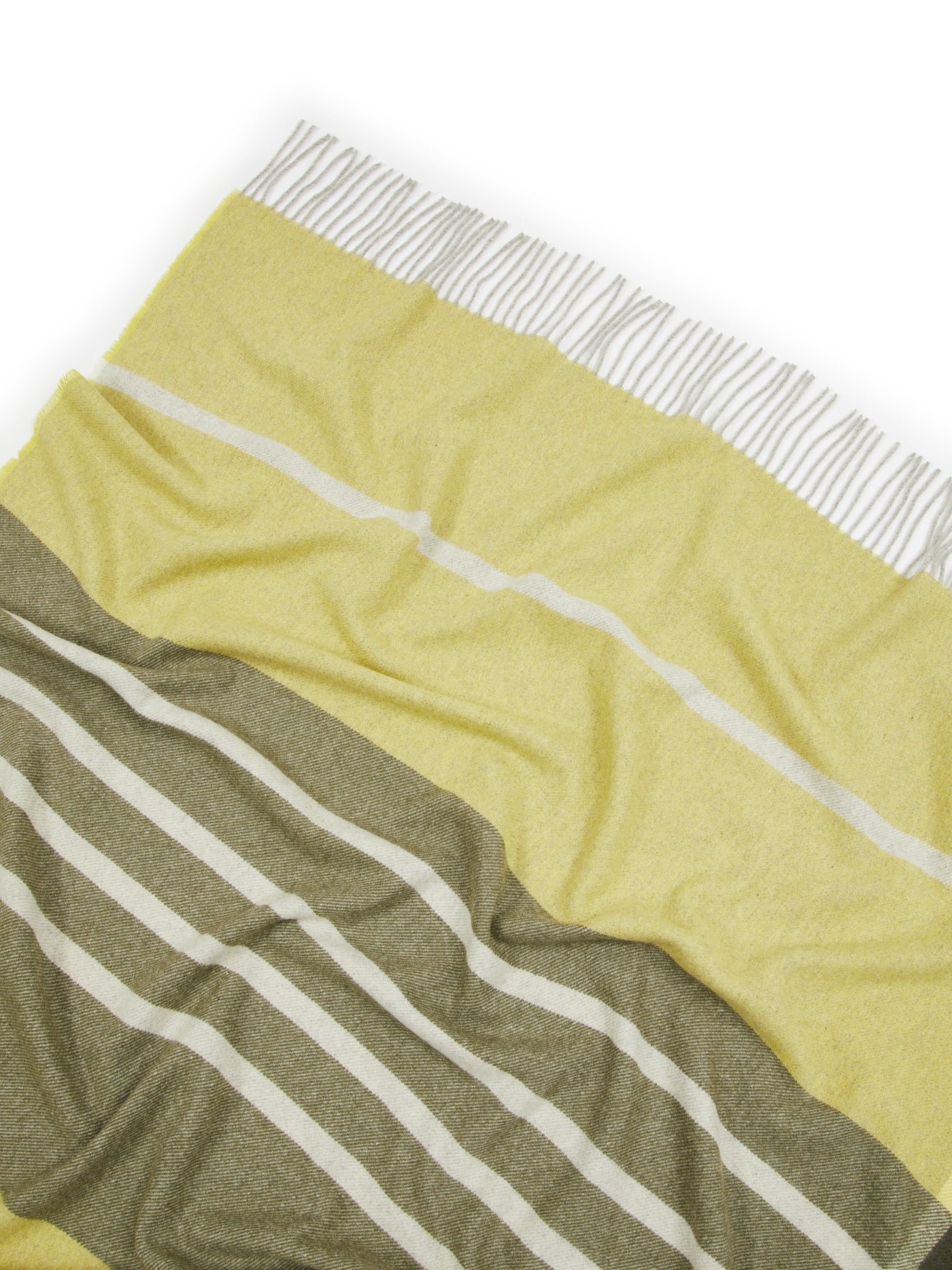 Close-up of Lanerossi Everest Check throw showing citron and olive stripe detail with fringe edge.