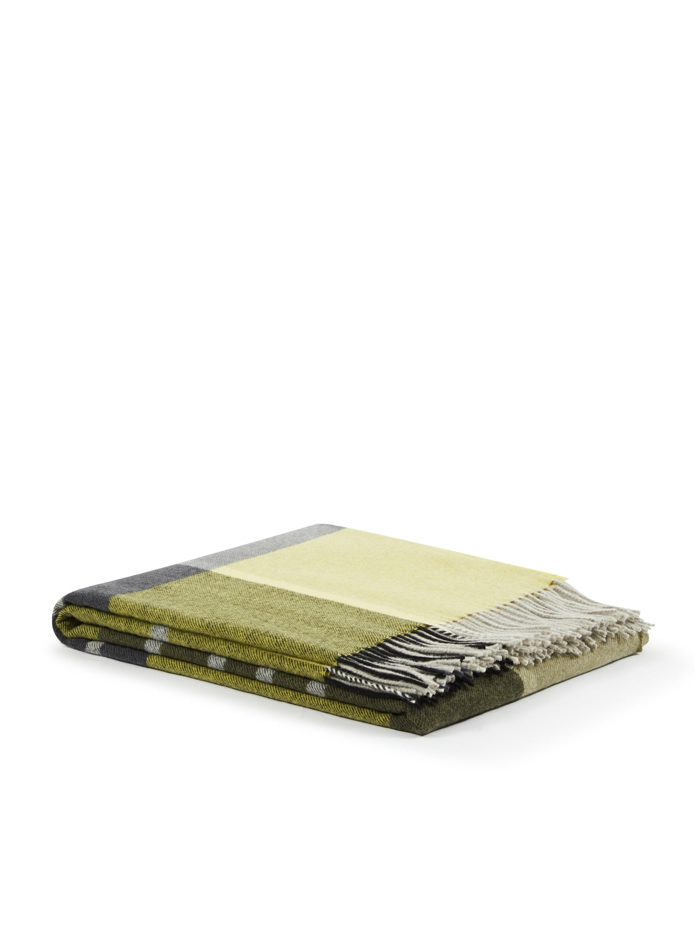 Lanerossi Everest Check throw folded, citron and olive plaid with grey stripe and fringe trim.