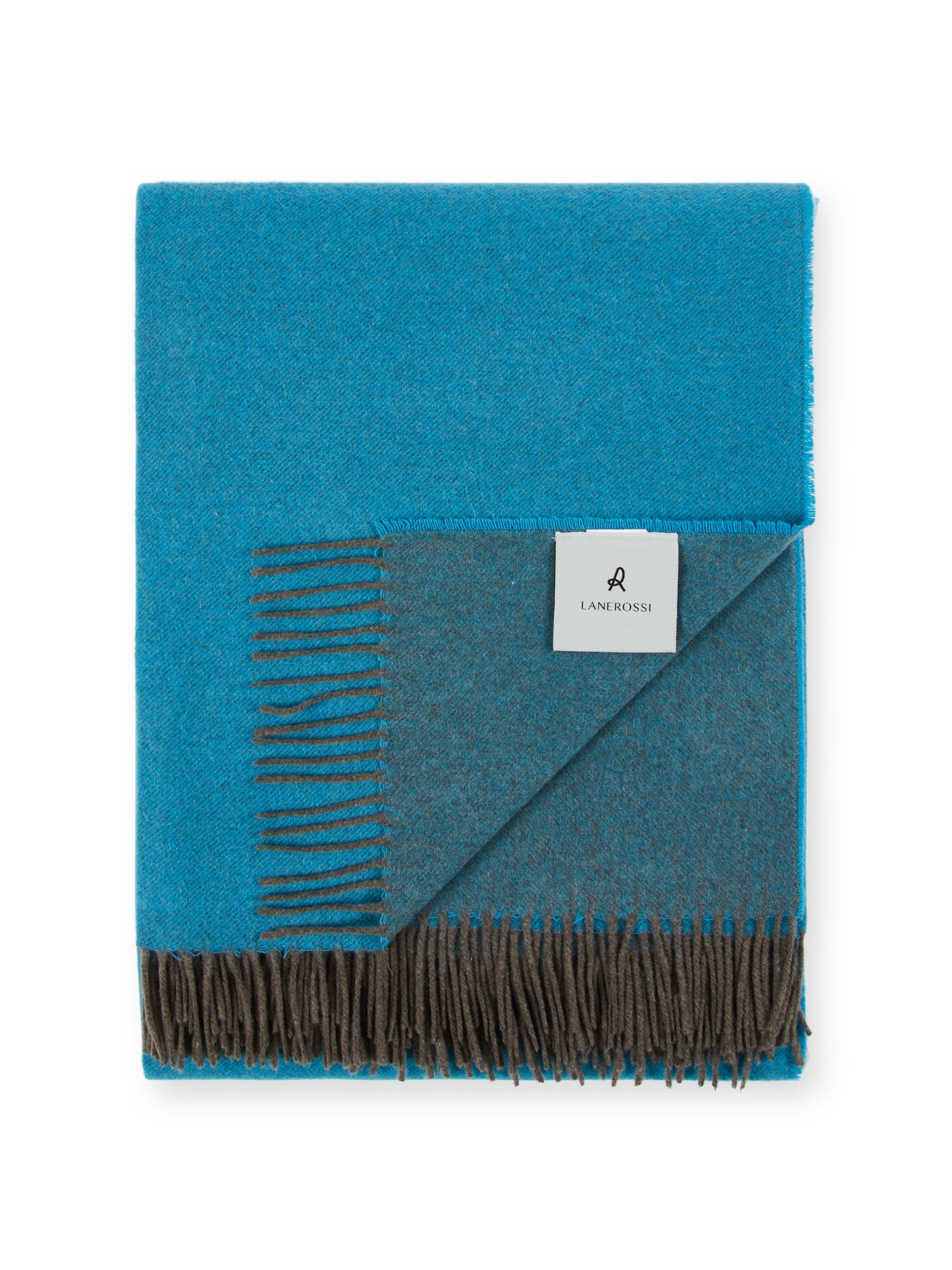 Lanerossi Everest Colour throw folded, teal and grey reversible wool with brown fringe.