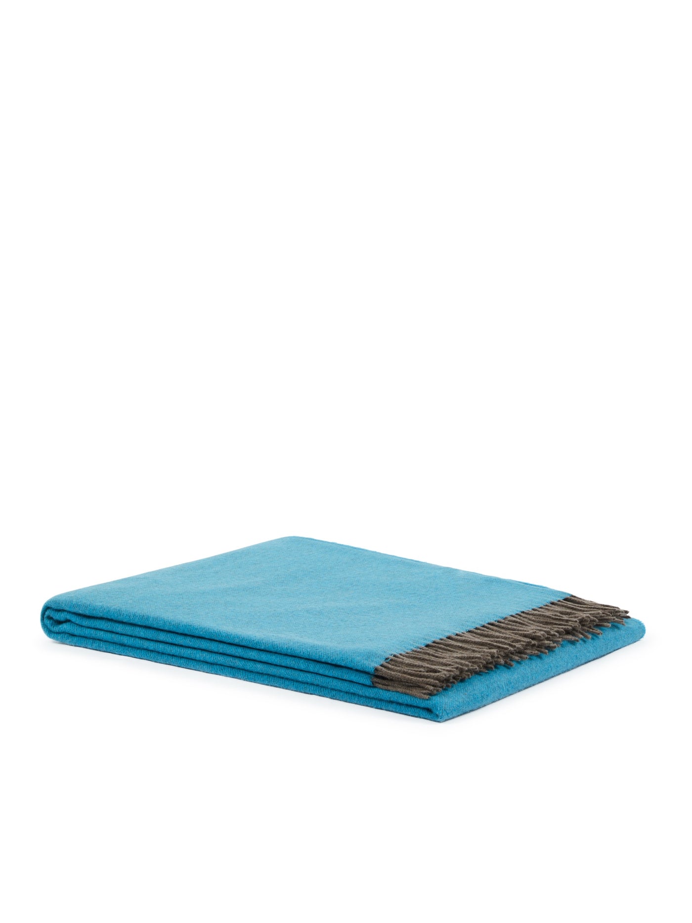 Lanerossi Everest Colour throw folded flat, turquoise with taupe fringe trim.