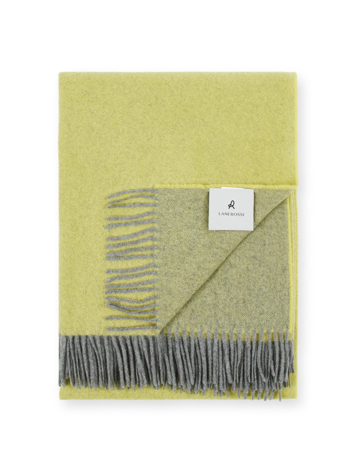 Lanerossi Everest Colour throw folded, showing citron and grey reversible wool with fringe trim.