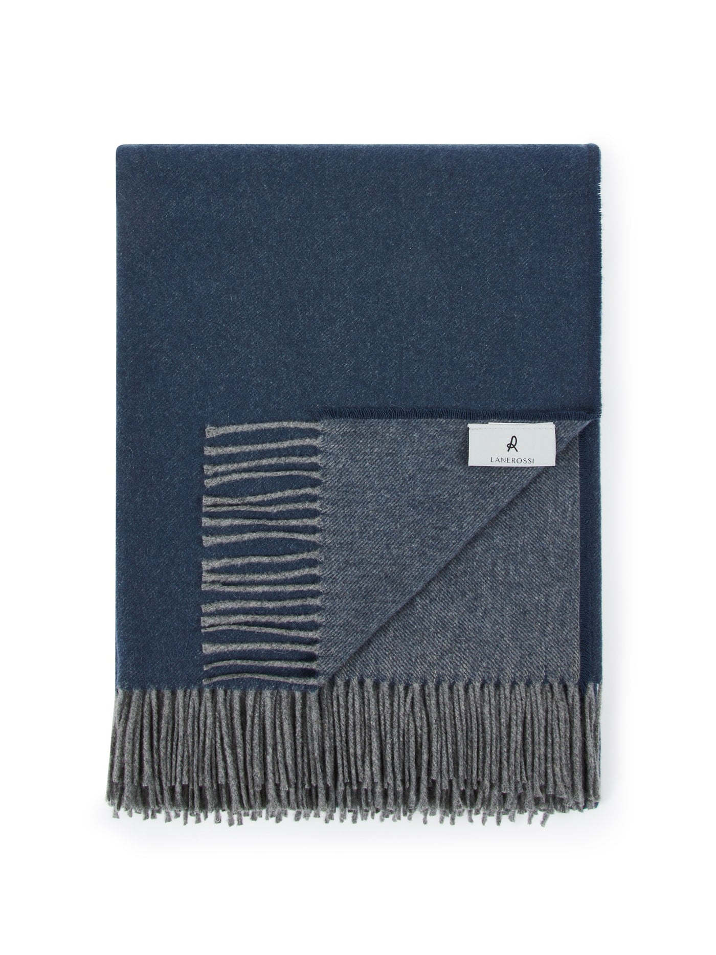 Lanerossi Everest Colour throw folded, navy and grey reversible wool with fringed edge.