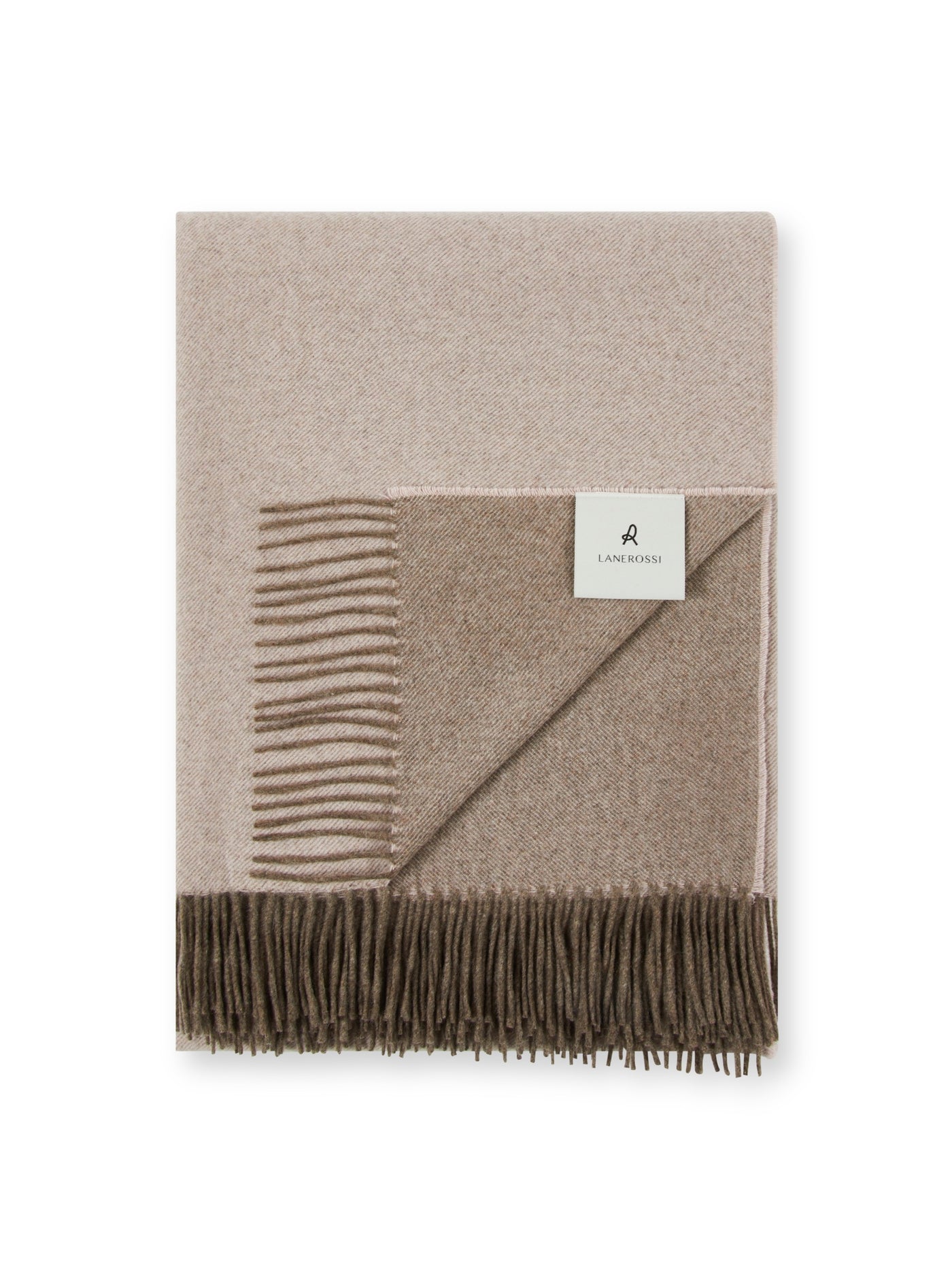 Lanerossi Everest Colour throw folded flat, showing reversible sand and taupe wool with fringed edges.