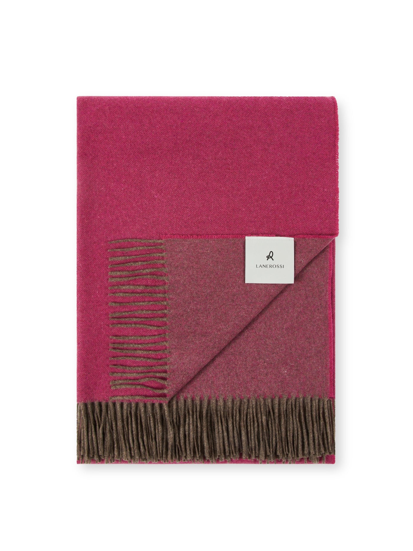 Reversible raspberry and taupe wool throw with fringe hem, folded flat showing both sides.