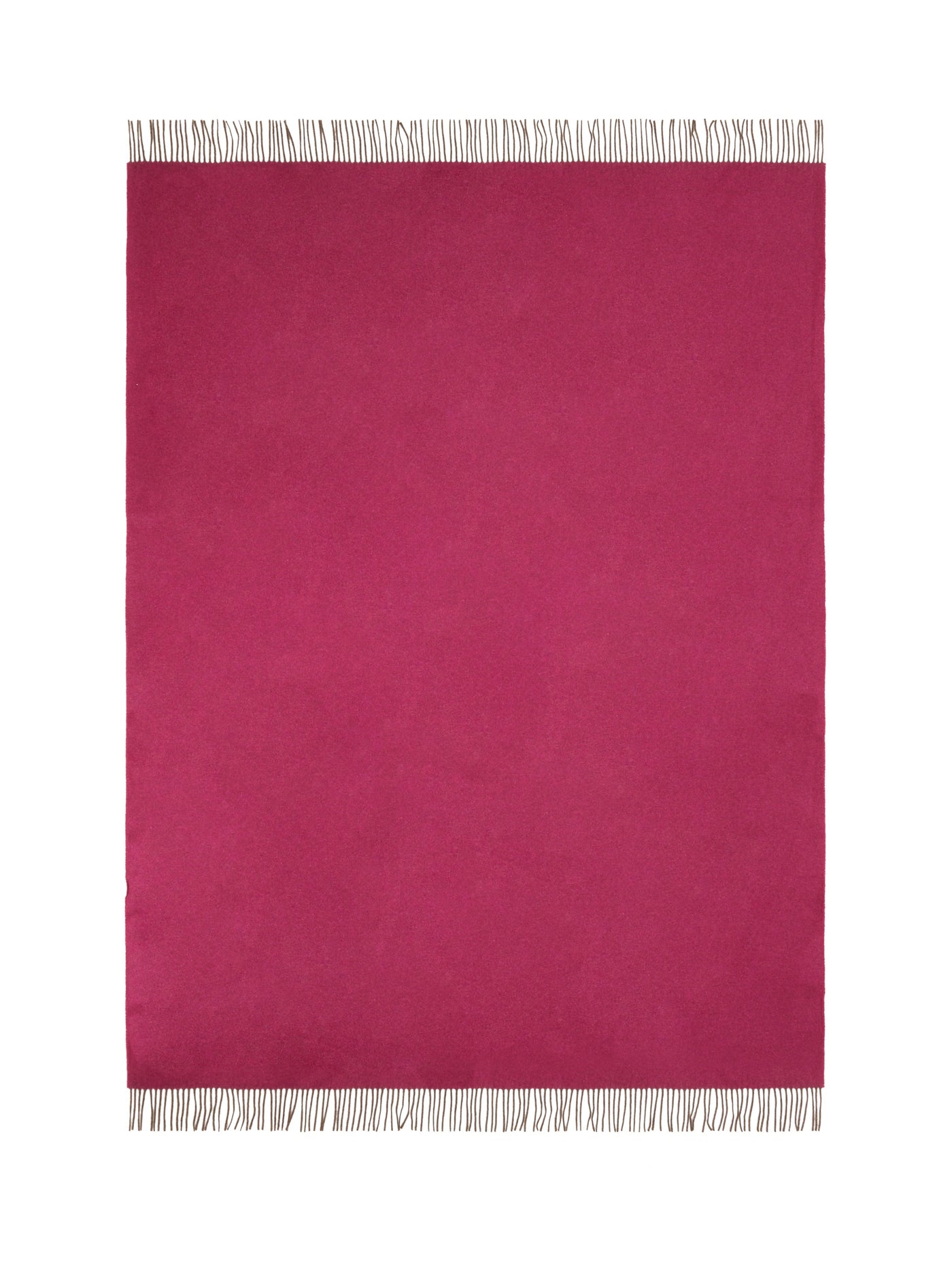 Raspberry wool throw laid flat, showing ivory fringe trim along top and bottom edges.