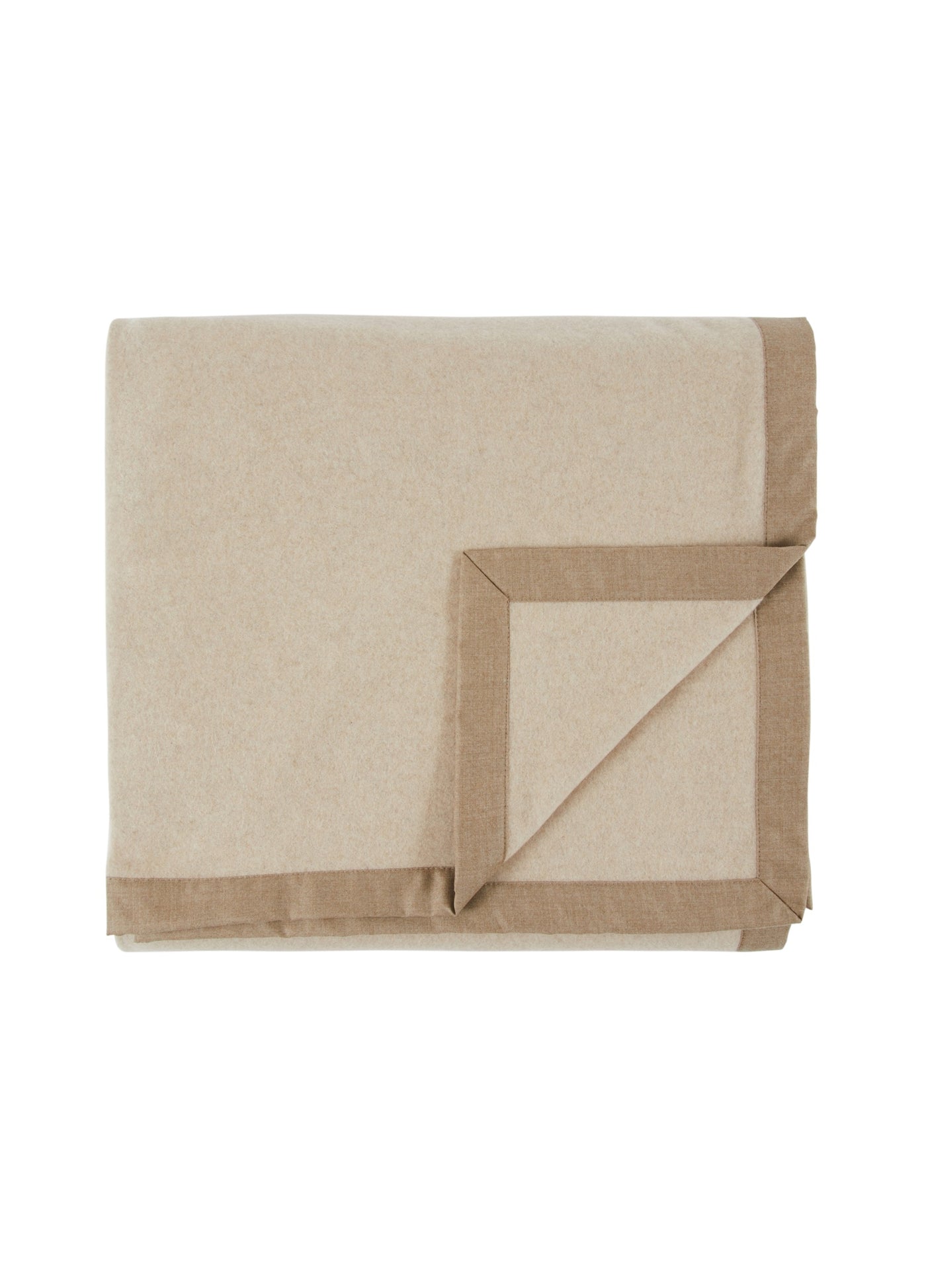 Lanerossi Geisha blanket folded flat, sand wool with contrast camel border trim.