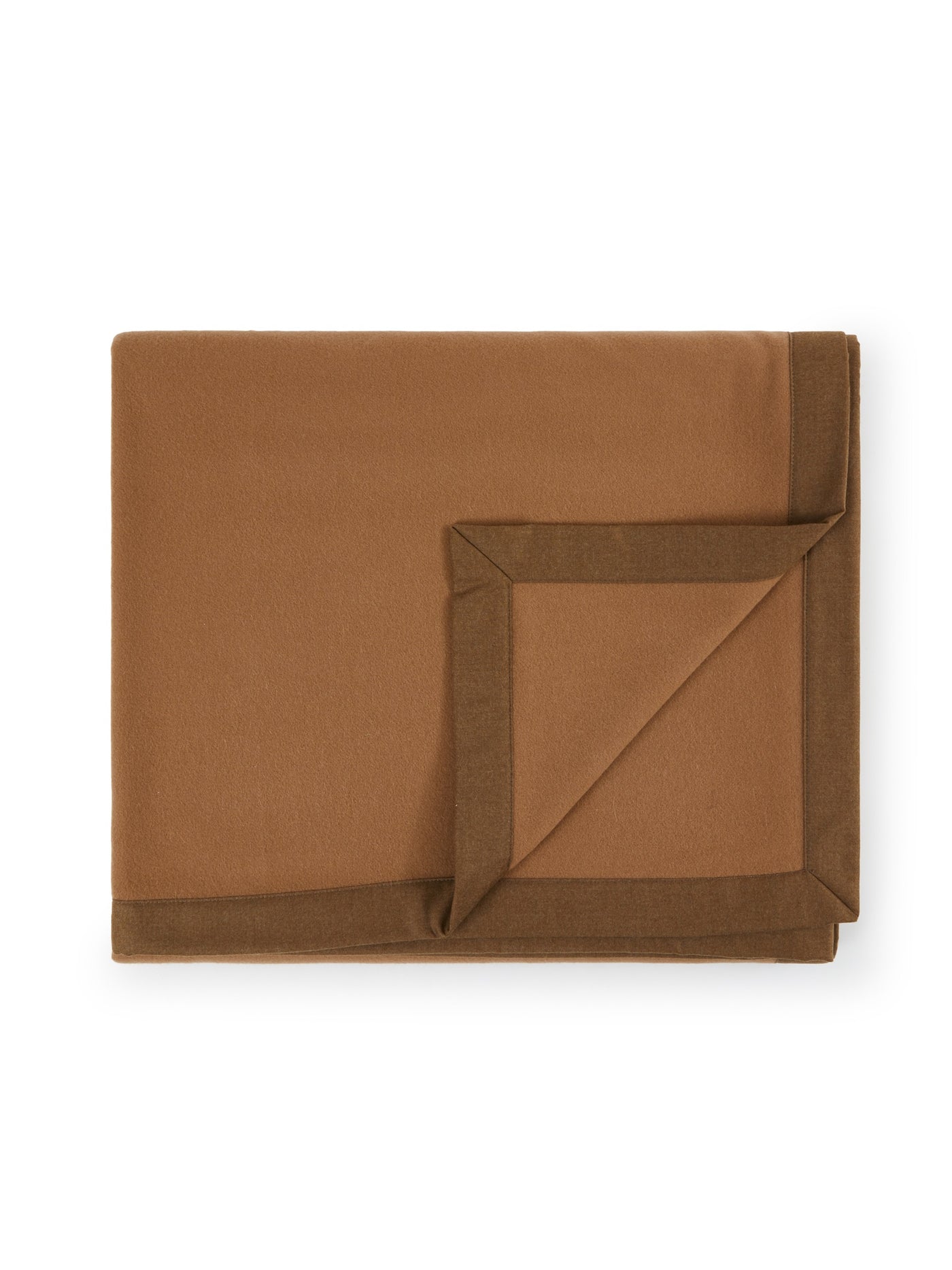 Lanerossi Geisha blanket in caramel, folded flat showing contrast border detail.