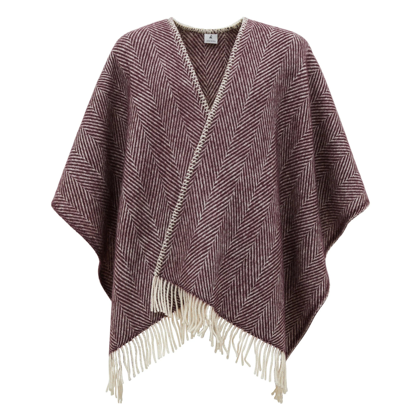 Lanerossi Iseo Spina poncho in burgundy herringbone weave with ivory fringe trim.
