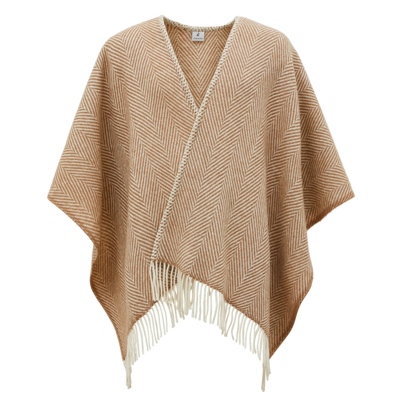 Camel and ivory herringbone poncho with fringe hem, flat lay view.