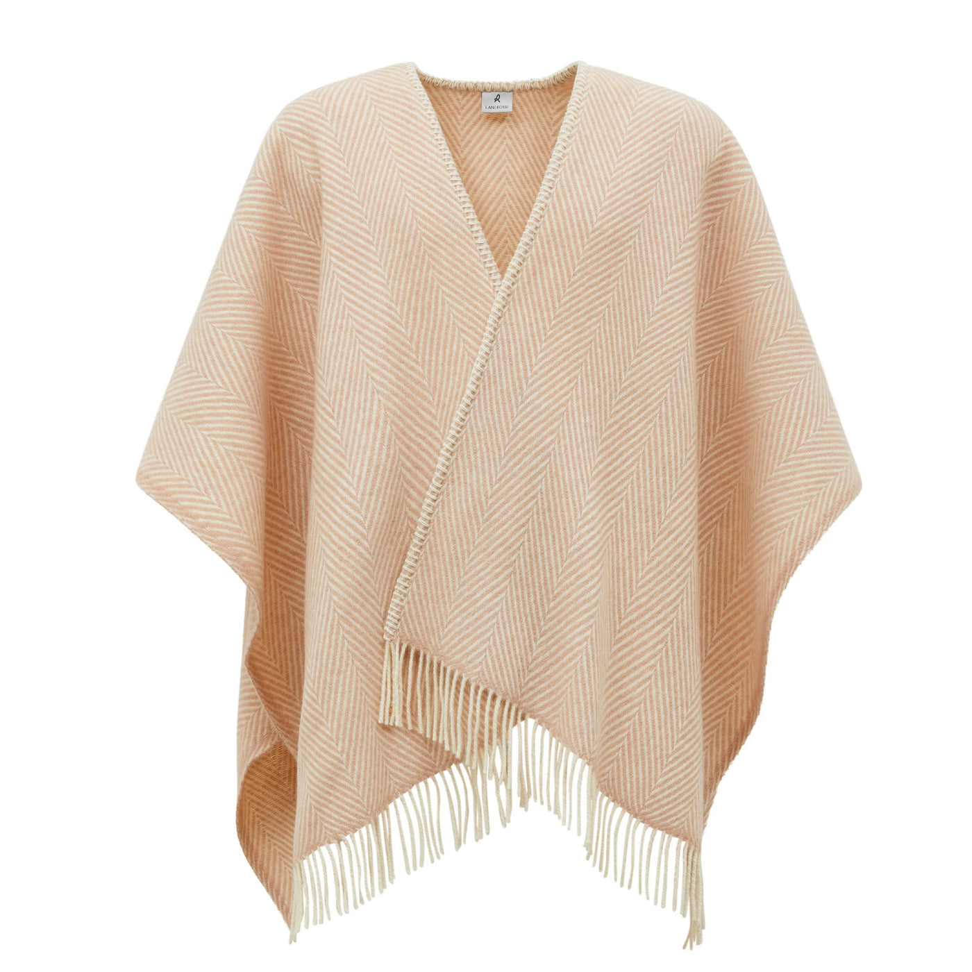Lanerossi Iseo Spina poncho in blush herringbone weave with fringe hem, flat lay.