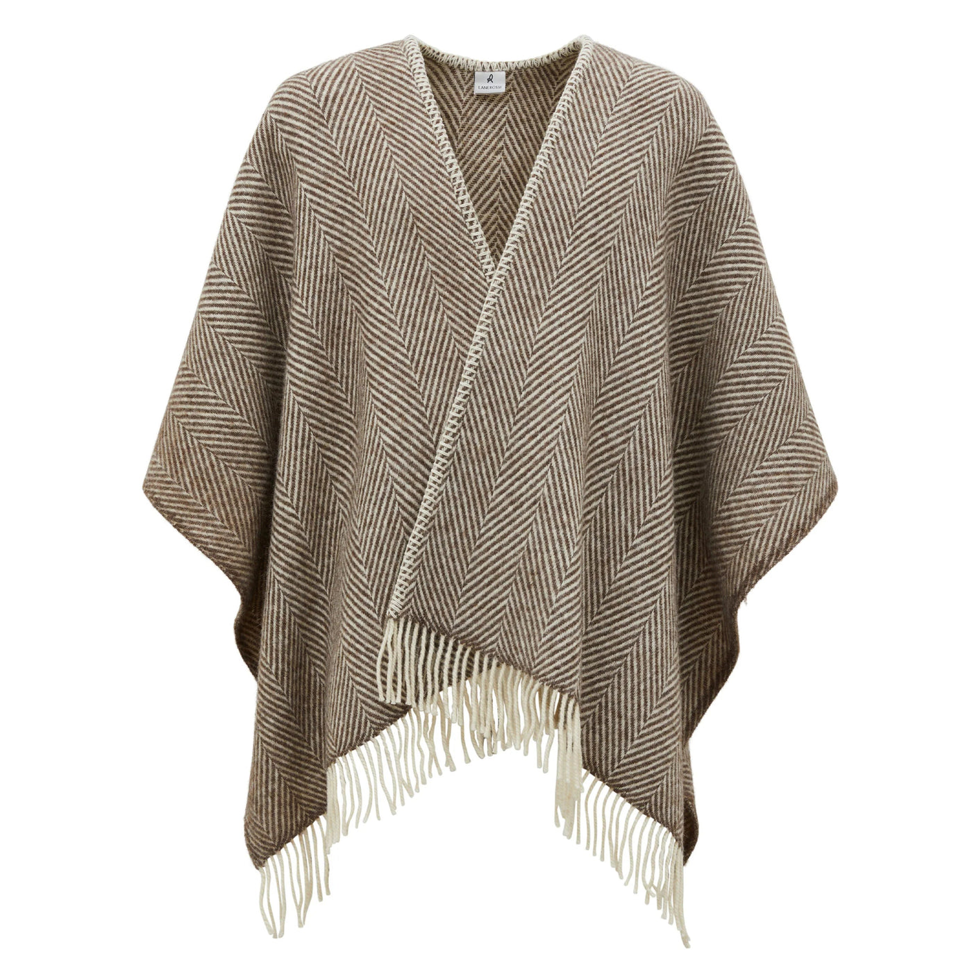 Lanerossi Iseo Spina poncho in camel herringbone weave with ivory fringe hem, front view.