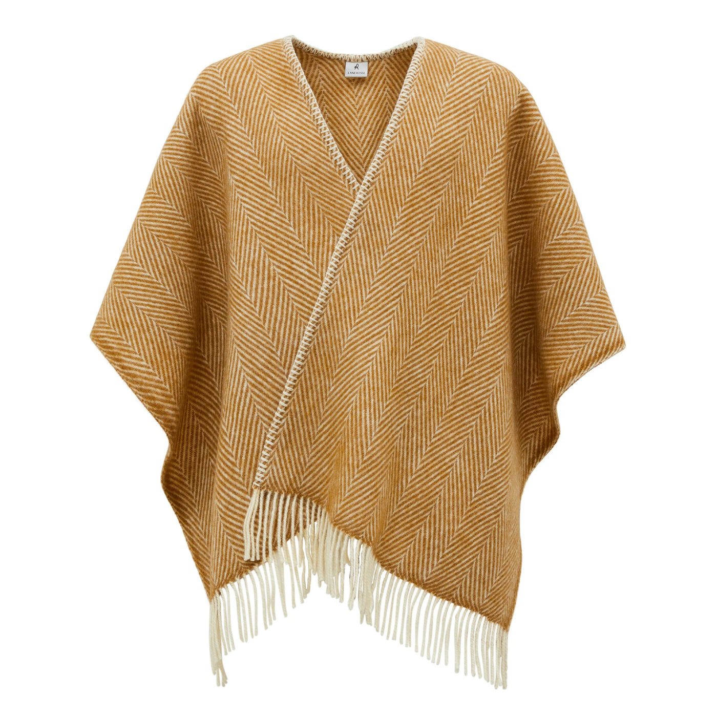 Lanerossi Iseo Spina poncho in saffron herringbone weave with ivory fringe trim, flat lay.