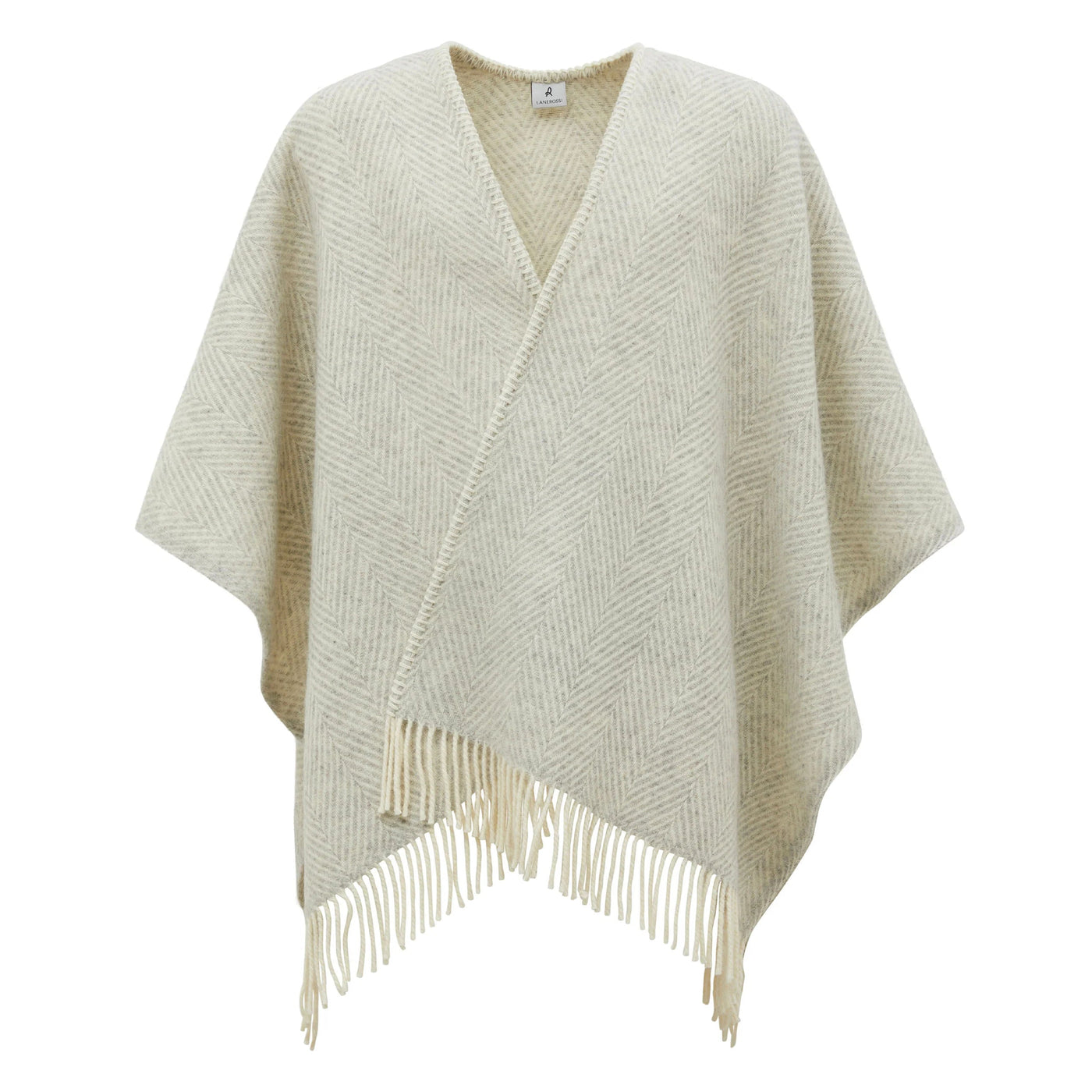 Lanerossi Iseo Spina poncho in ivory, herringbone weave with fringed hem, full front view.