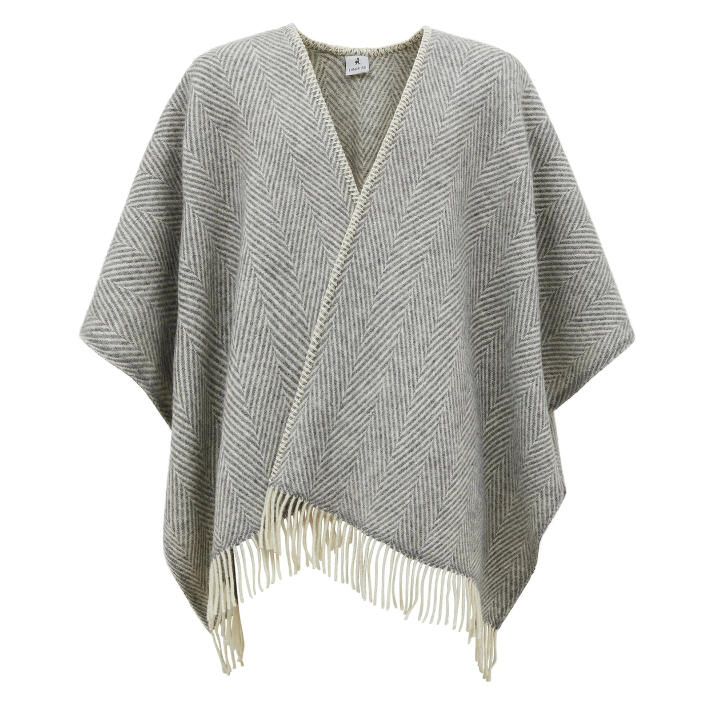 Herringbone weave detail on Iseo Spina poncho in grey and ivory with fringe hem.