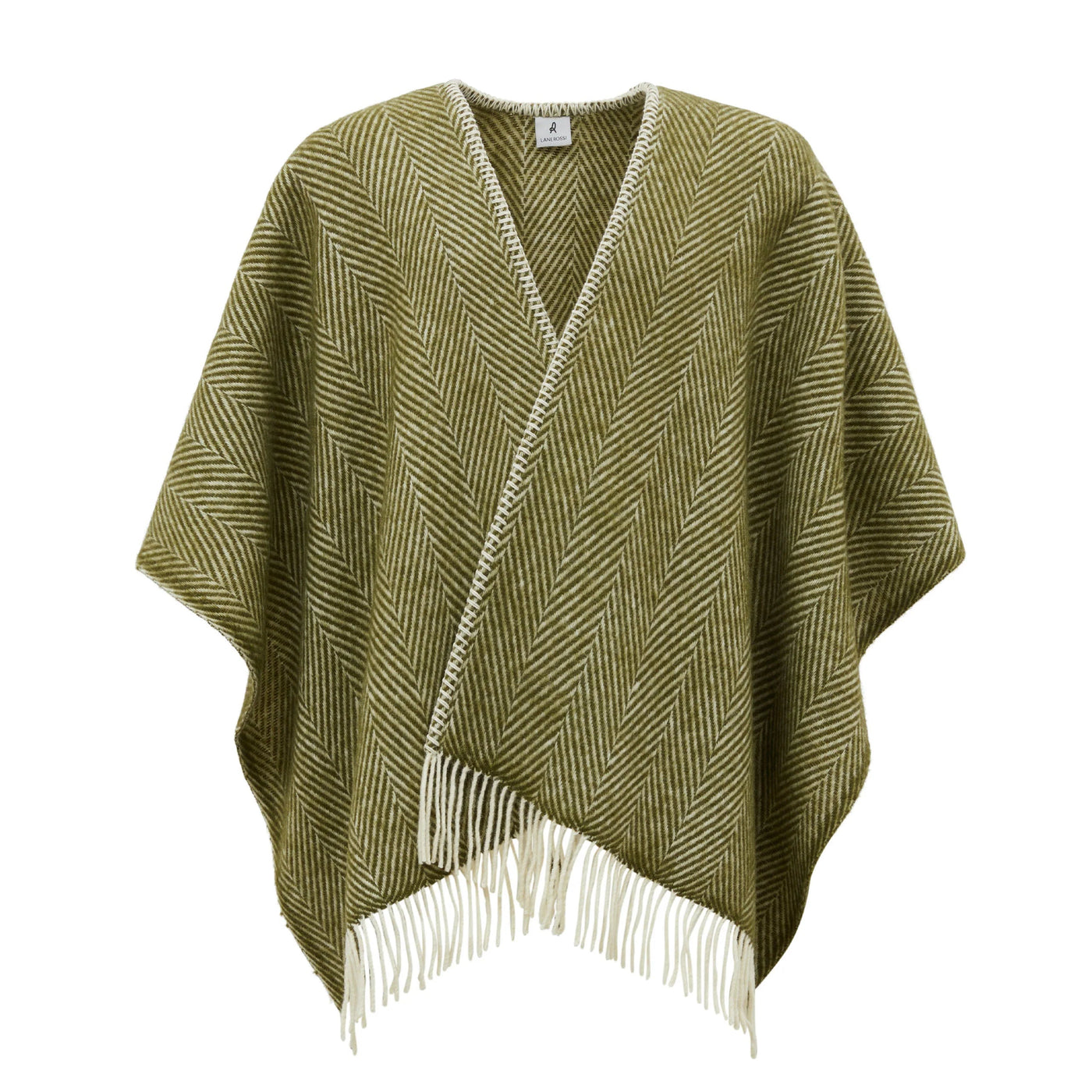 Olive herringbone wool poncho with ivory fringe hem and contrast whipstitch trim detail.