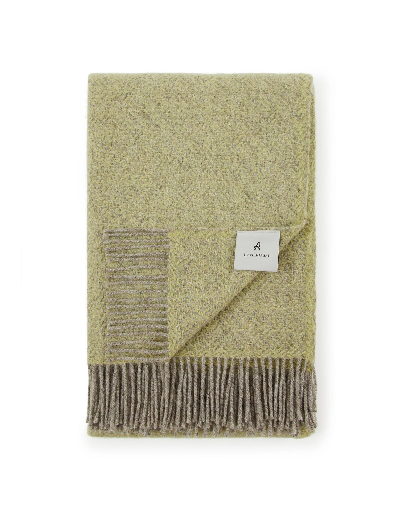 Folded sage green wool throw with taupe fringe and striped corner detail.