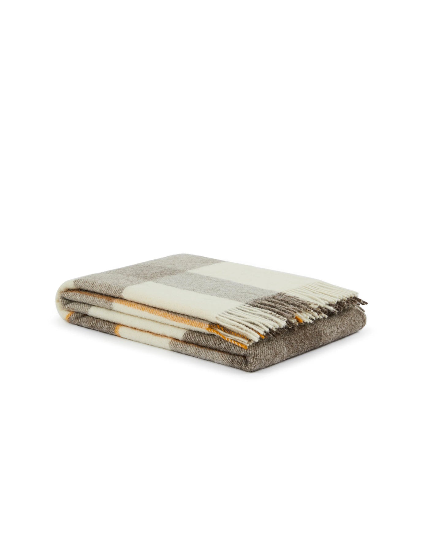 Lanerossi Nelson throw folded, ivory and taupe check with mustard stripe and fringe trim.