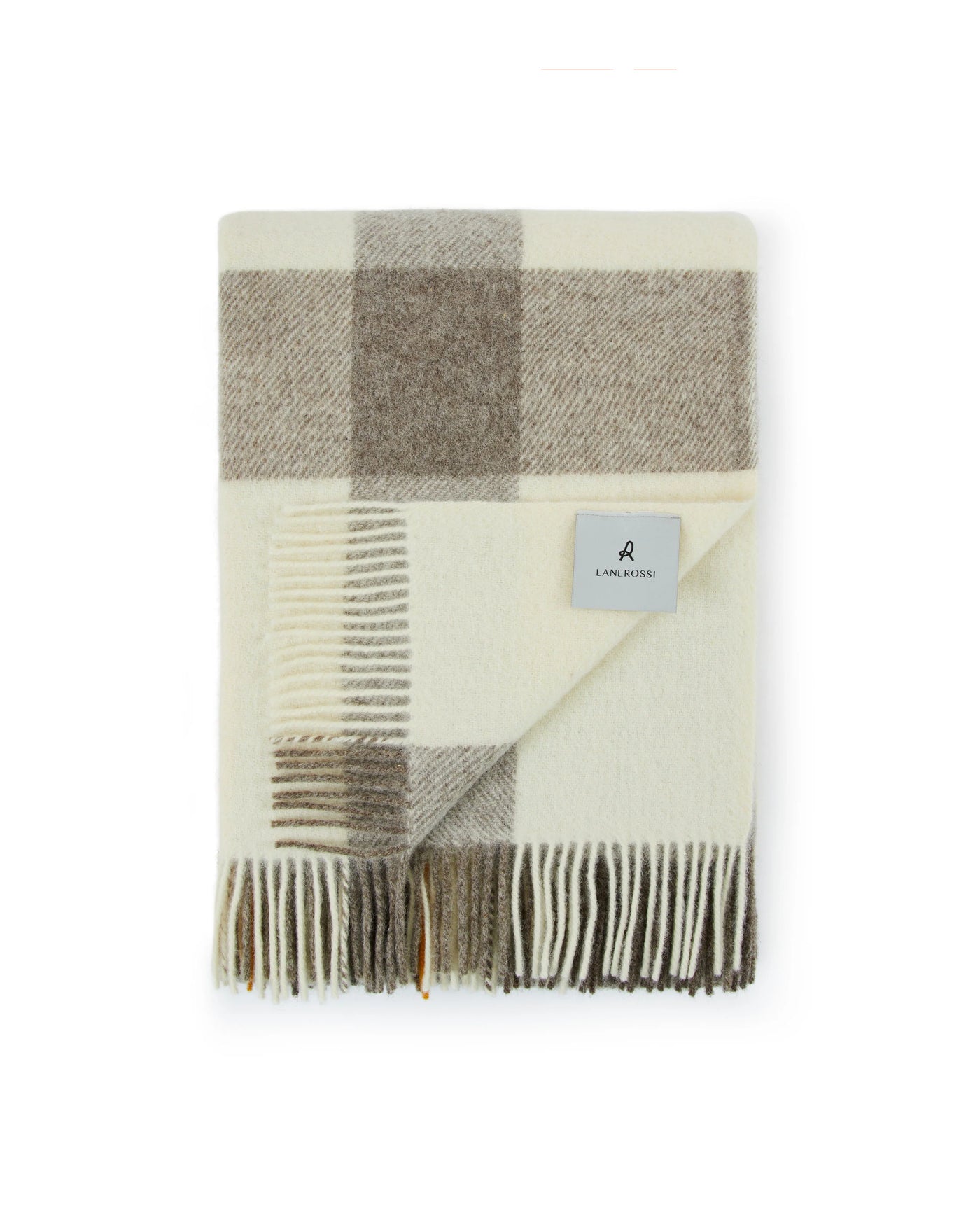 Lanerossi Nelson throw folded, ivory and taupe buffalo check with fringe trim.