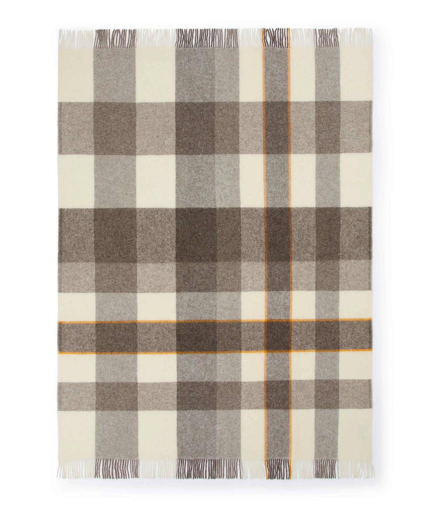 Lanerossi Nelson throw with taupe plaid pattern, amber accent stripe, and ivory fringe trim.