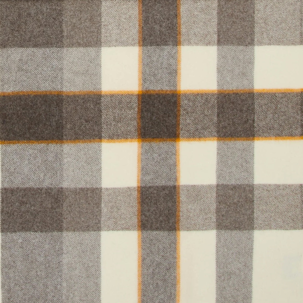 Close-up of Lanerossi Nelson throw's ivory and grey plaid weave with saffron accent stripes.