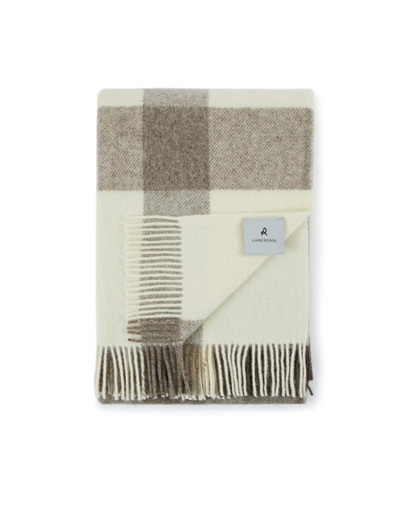 Lanerossi Nelson throw folded, ivory and taupe check pattern with fringe trim.