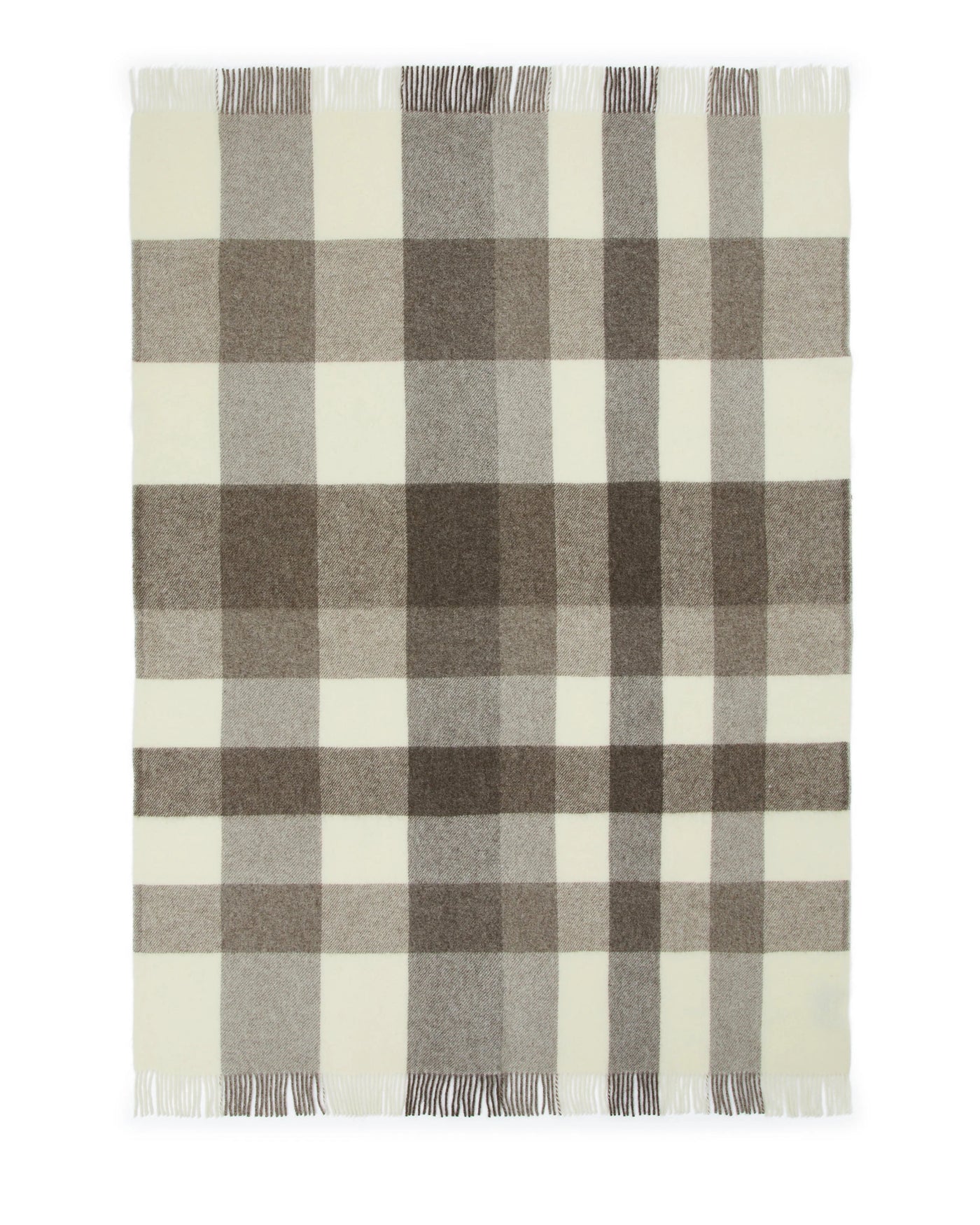 Lanerossi Nelson throw with taupe and ivory plaid pattern and fringe trim.