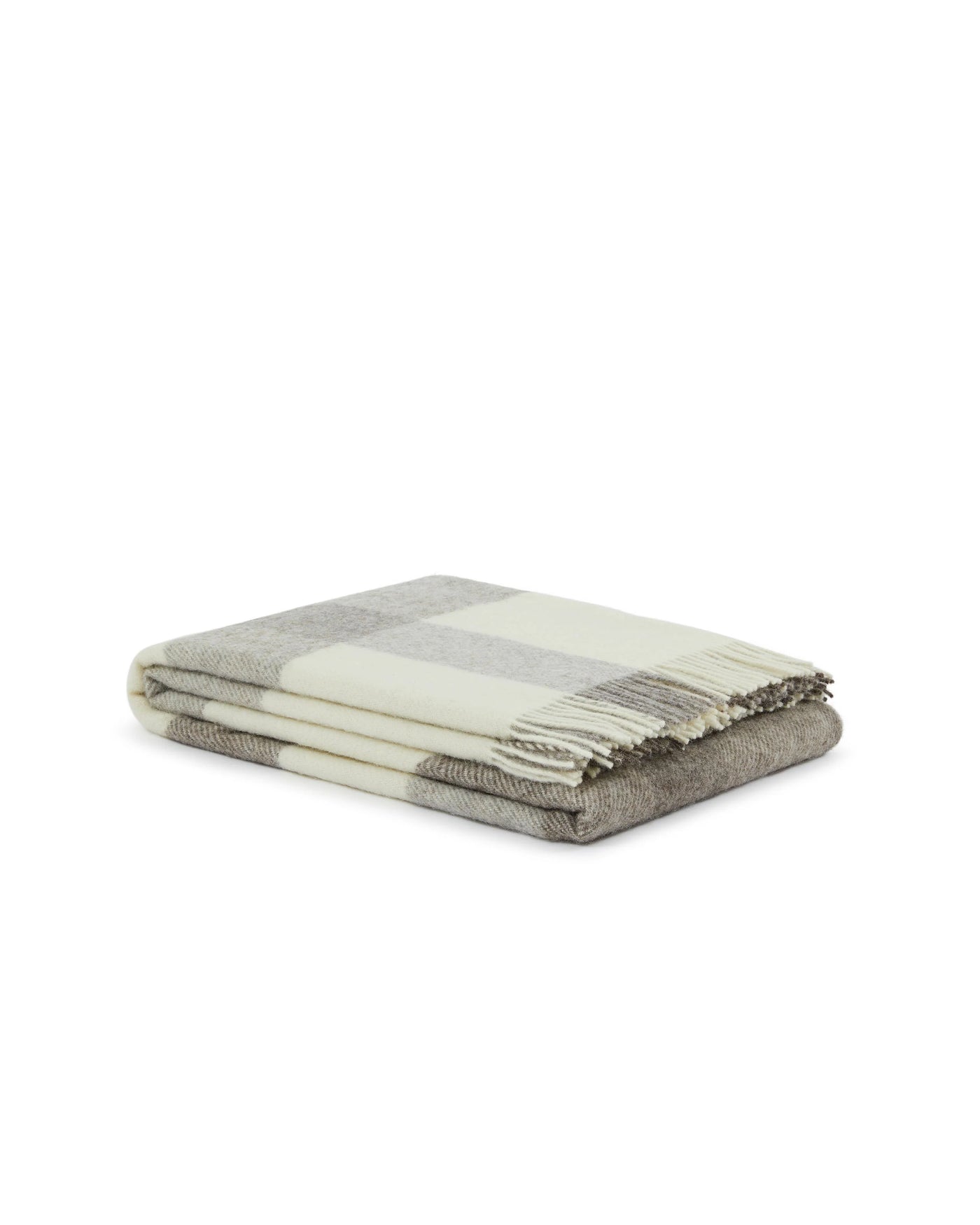 Folded ivory and grey plaid wool throw with fringe trim, shown against white background.
