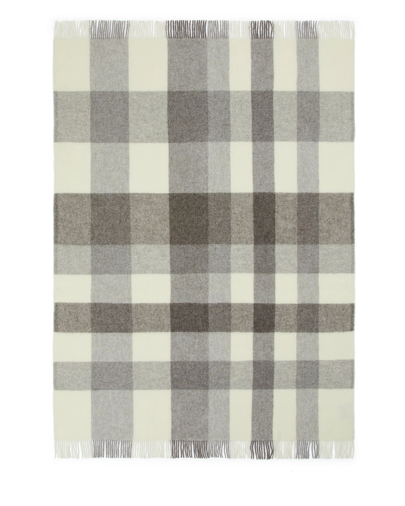 Lanerossi Nelson throw in ivory and taupe plaid with fringe trim, flat lay.