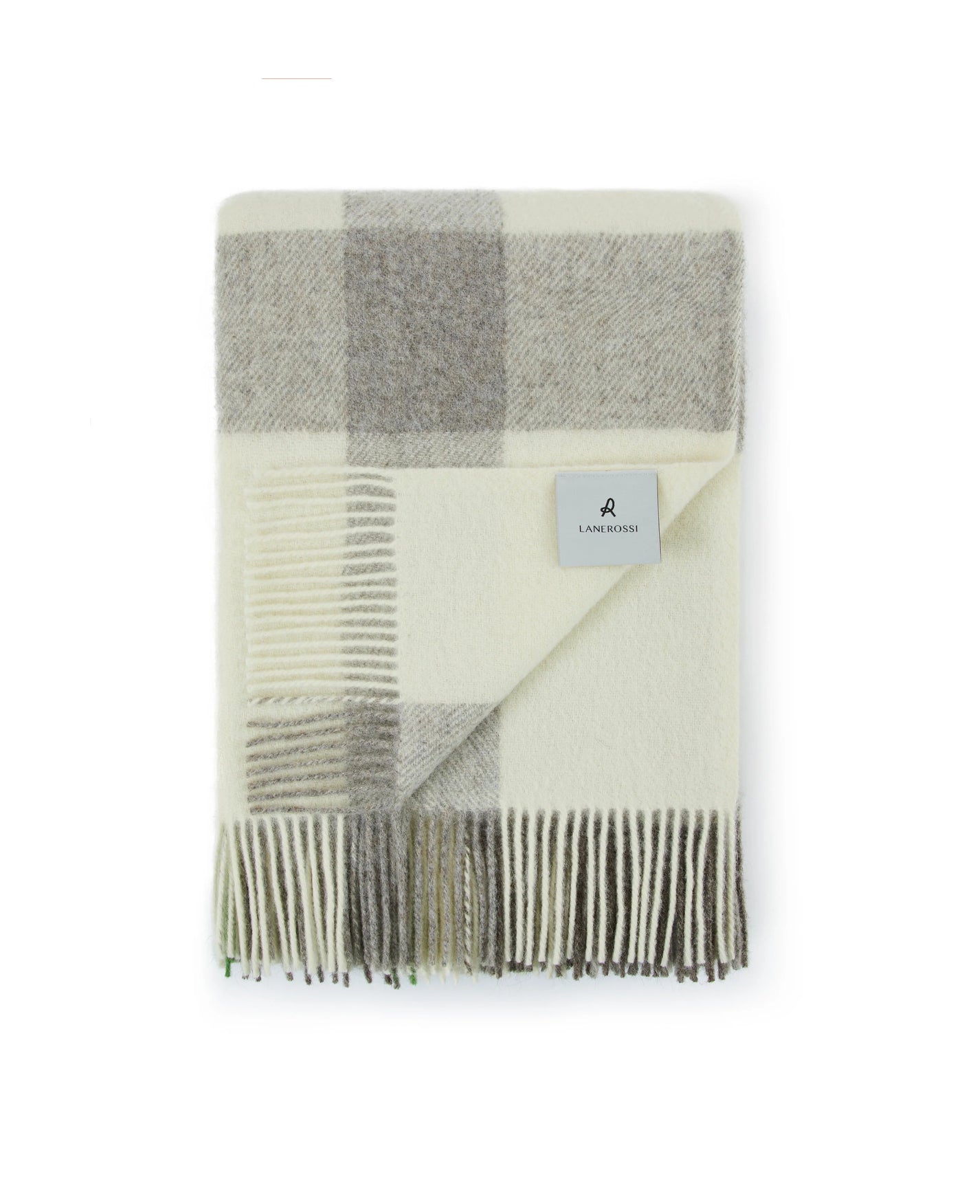 Lanerossi Nelson throw folded, ivory and grey block check with fringed hem detail.