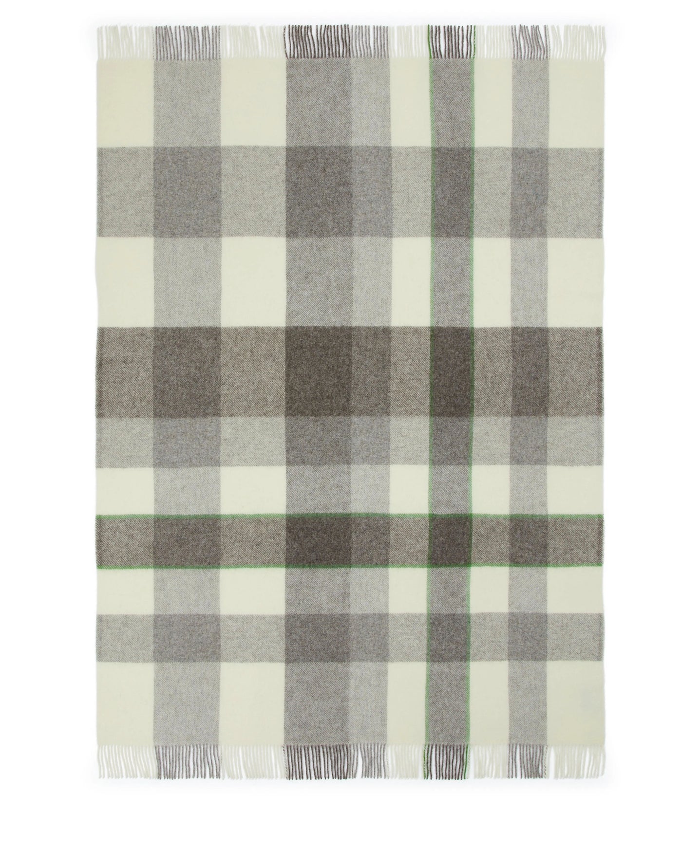 Lanerossi Nelson throw, close-up of ivory and grey plaid weave with fringe trim.