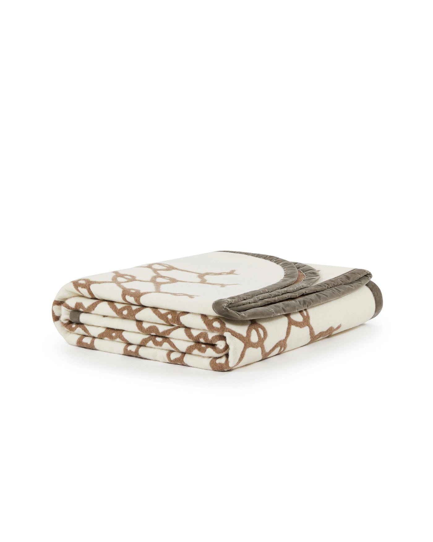 Lanerossi Net thermo blanket folded, ivory with taupe chain-link print and charcoal border trim.