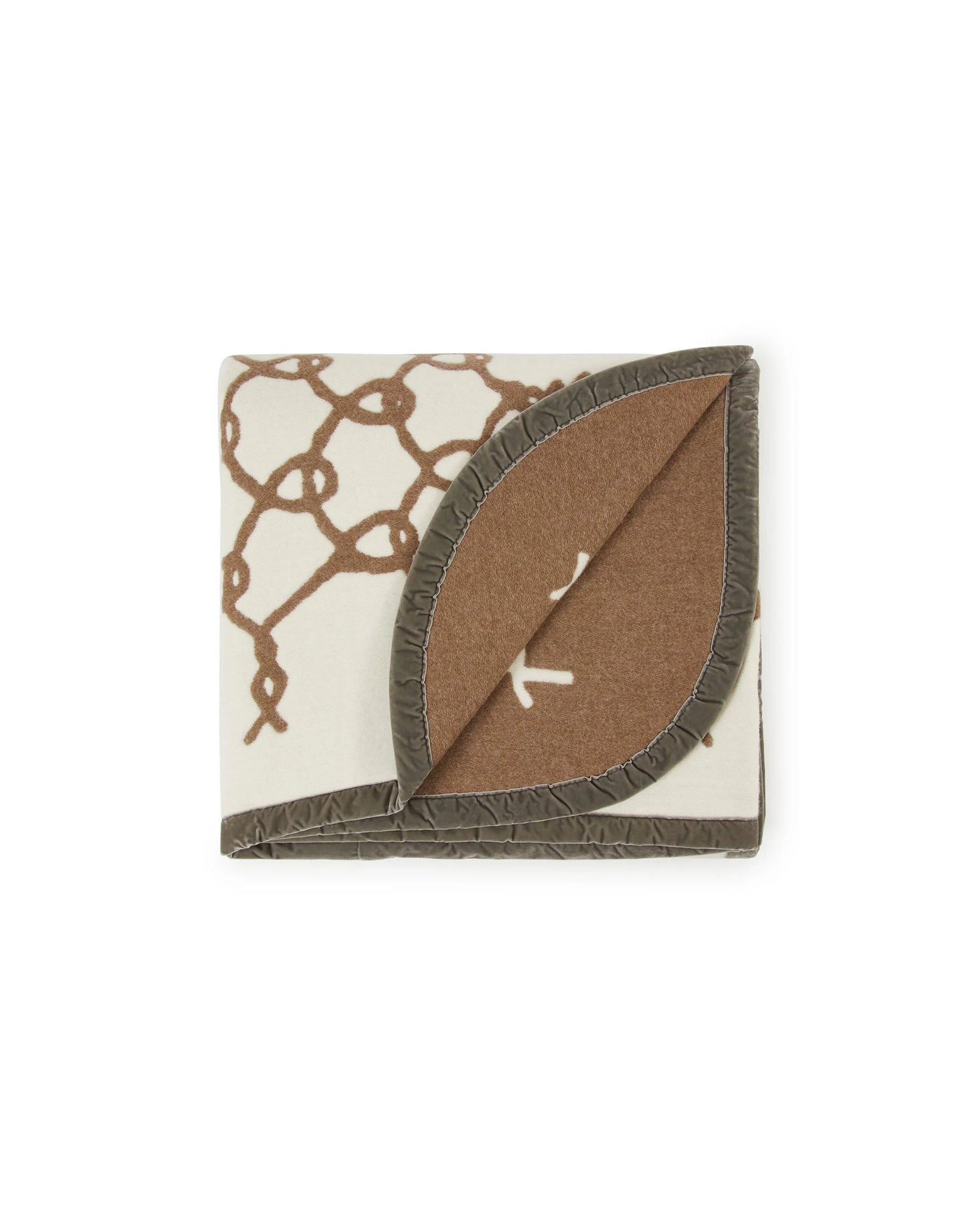 Folded ivory blanket with brown rope pattern, leaf appliqué detail, and olive blanket-stitched edge.