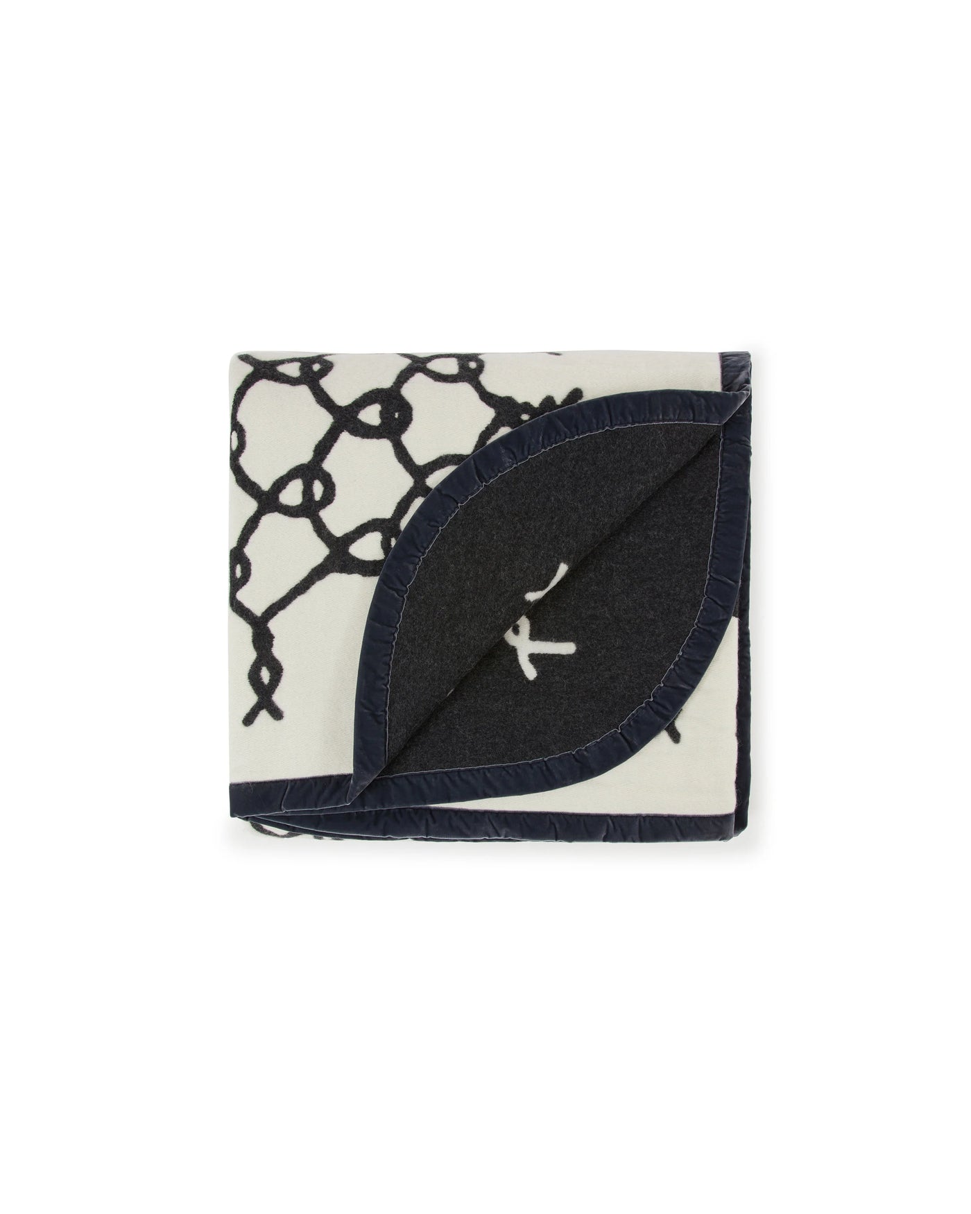 Lanerossi Net blanket folded to show navy reverse with embroidered logo and rope-pattern ivory face.