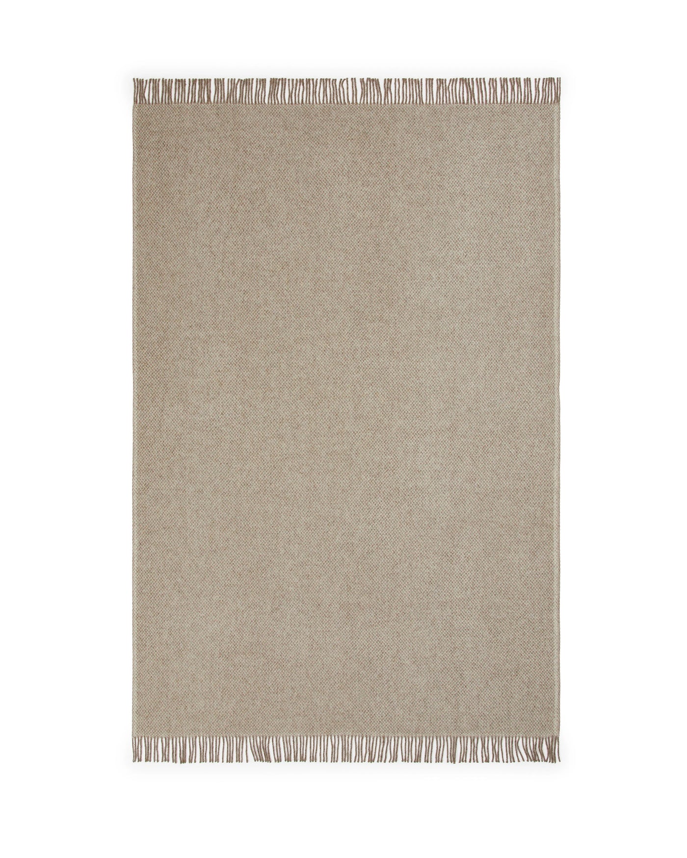 Lanerossi Northland throw in oatmeal wool blend with fringe trim, flat lay view.