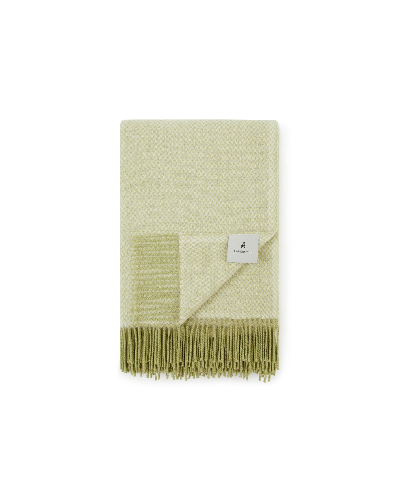 Lanerossi Northland throw folded flat, sage green woven texture with fringe trim.