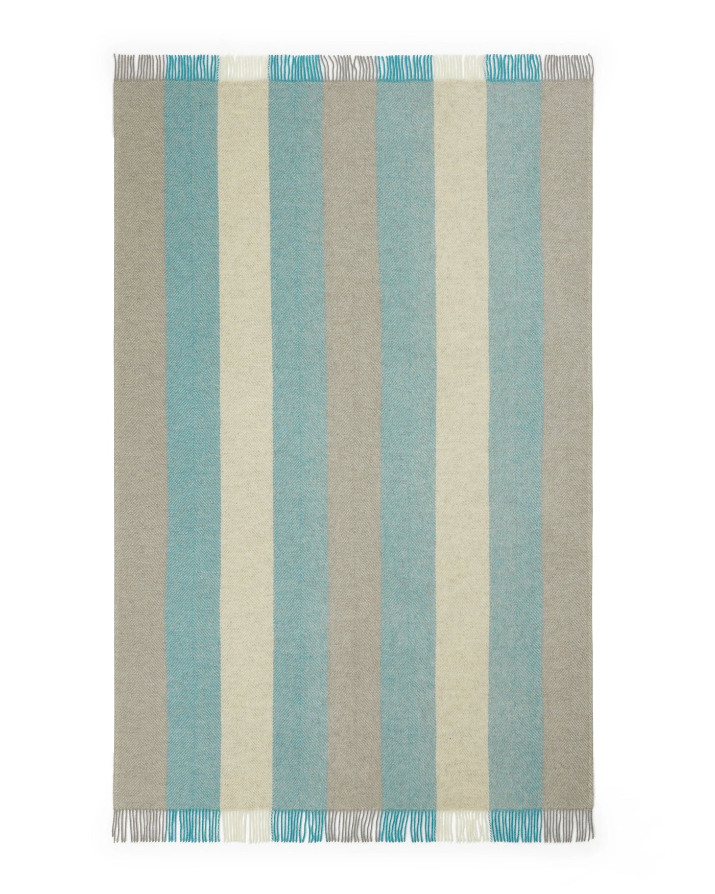 Lanerossi Opua throw laid flat, teal and stone vertical stripes with fringe trim.