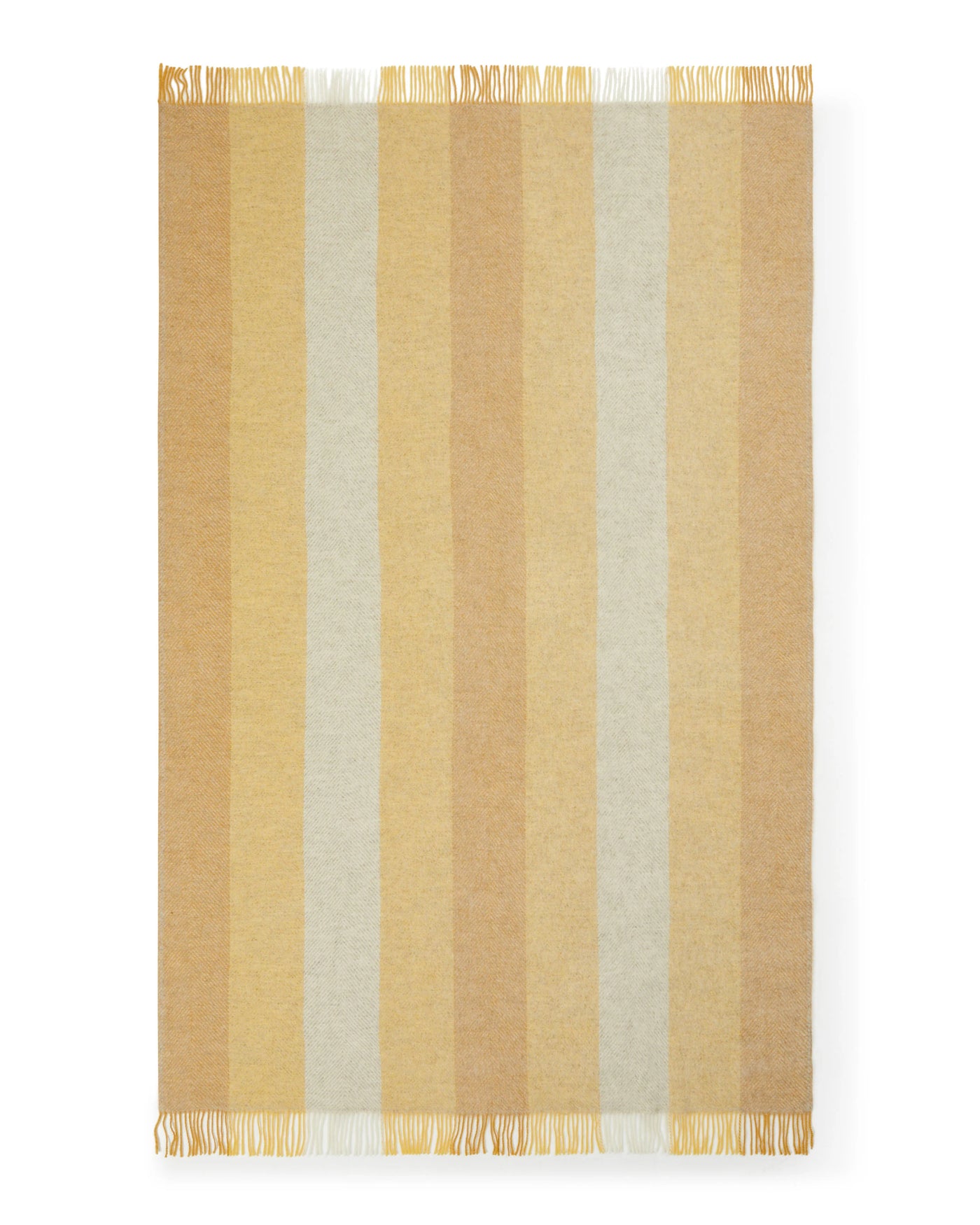 Lanerossi Opua throw flat lay showing honey and sage wide stripes with fringe trim.