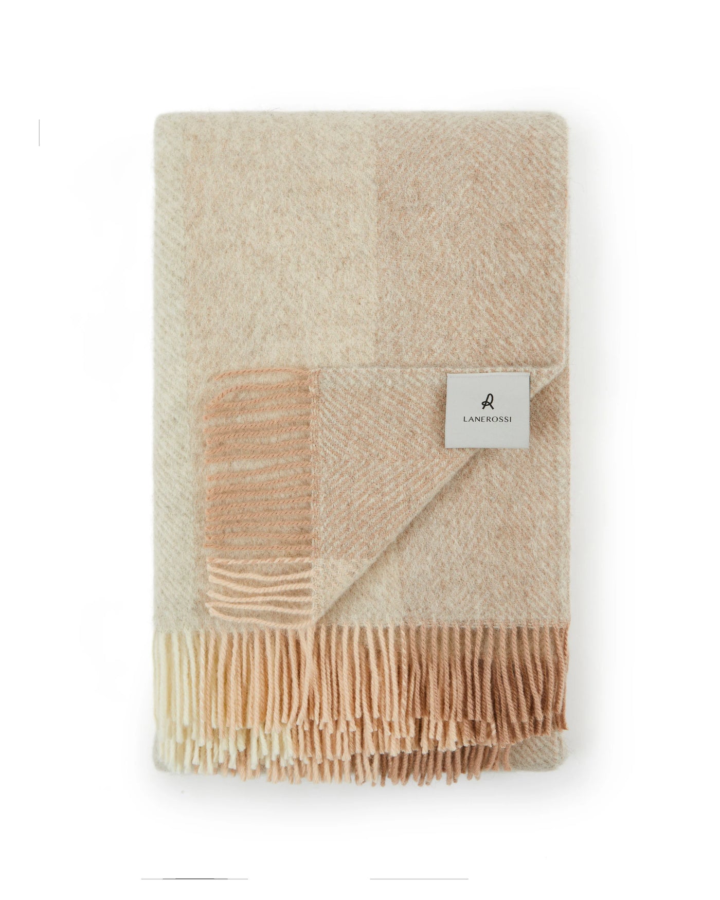 Lanerossi Opua throw folded flat, ivory and champagne block check with fringe trim.
