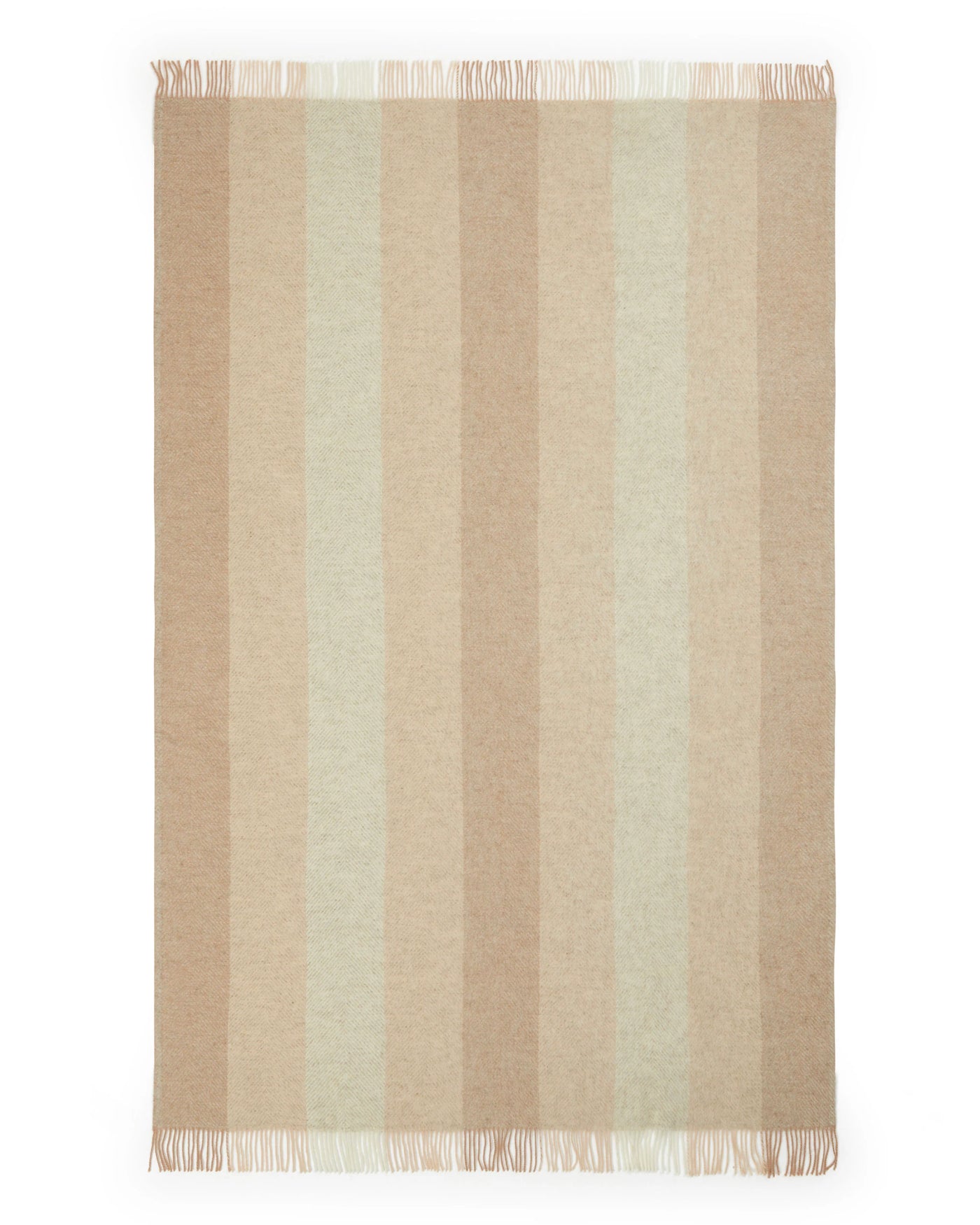 Lanerossi Opua throw in sand and sage wide stripes with fringe trim, flat lay.
