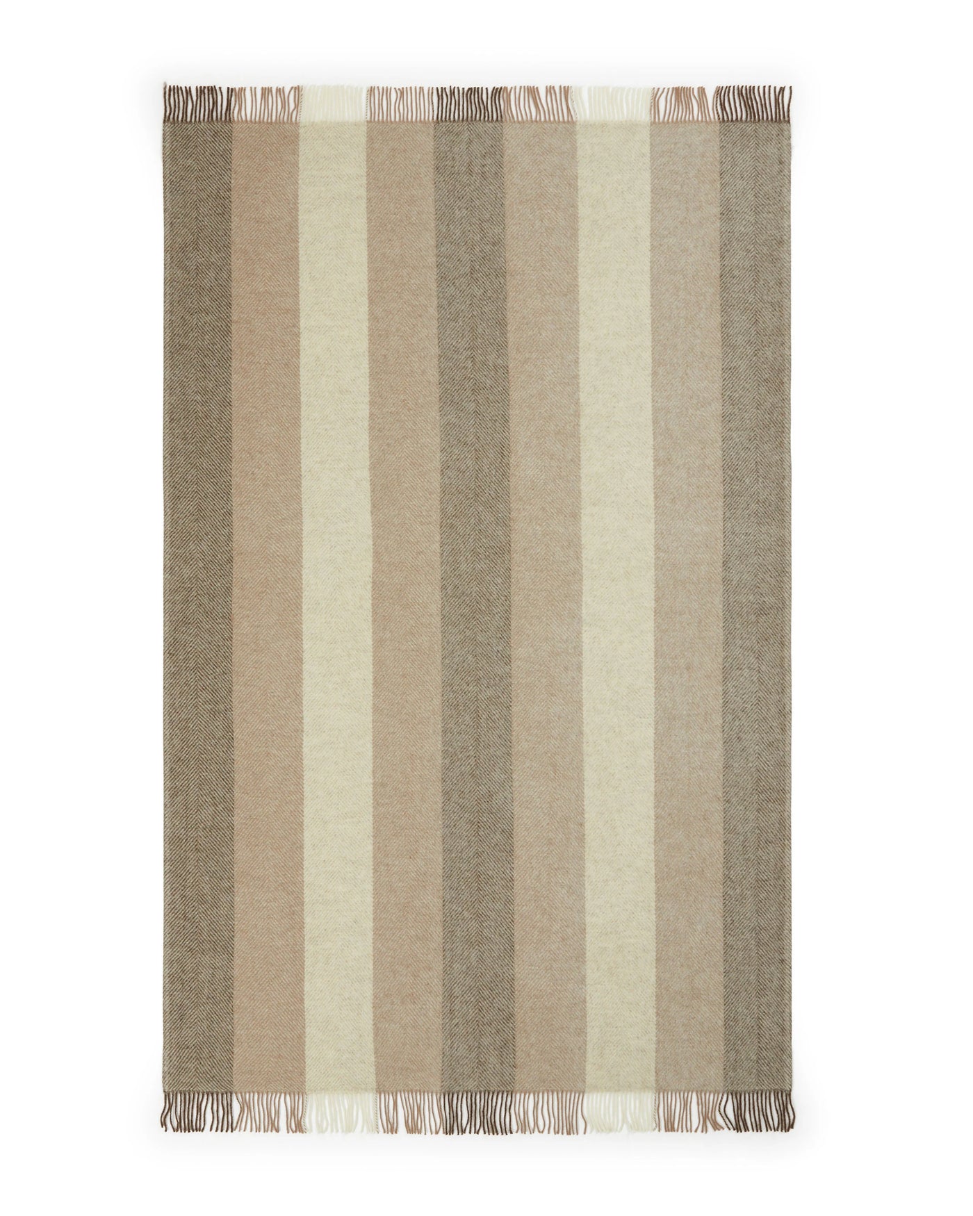 Lanerossi Opua throw laid flat, showing full vertical stripe pattern in tonal taupe and ecru.