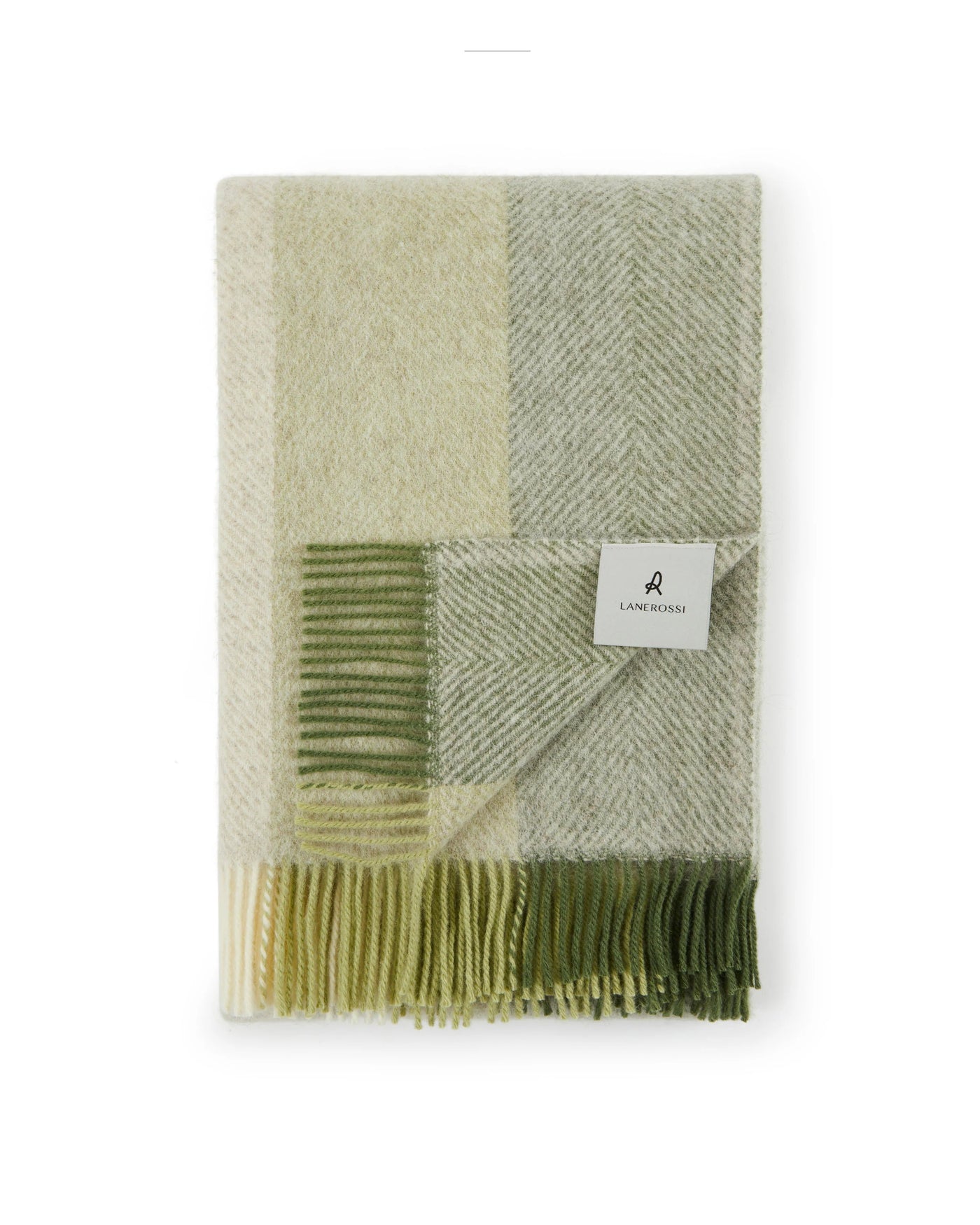 Lanerossi Opua throw folded flat, sage and ivory colorblock wool with fringed hem.