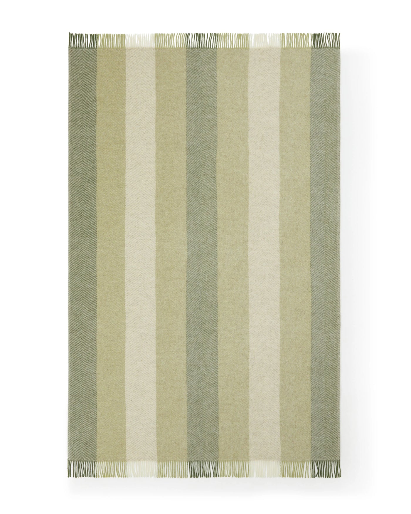 Lanerossi Opua throw laid flat, sage and celadon vertical stripes with fringe trim.