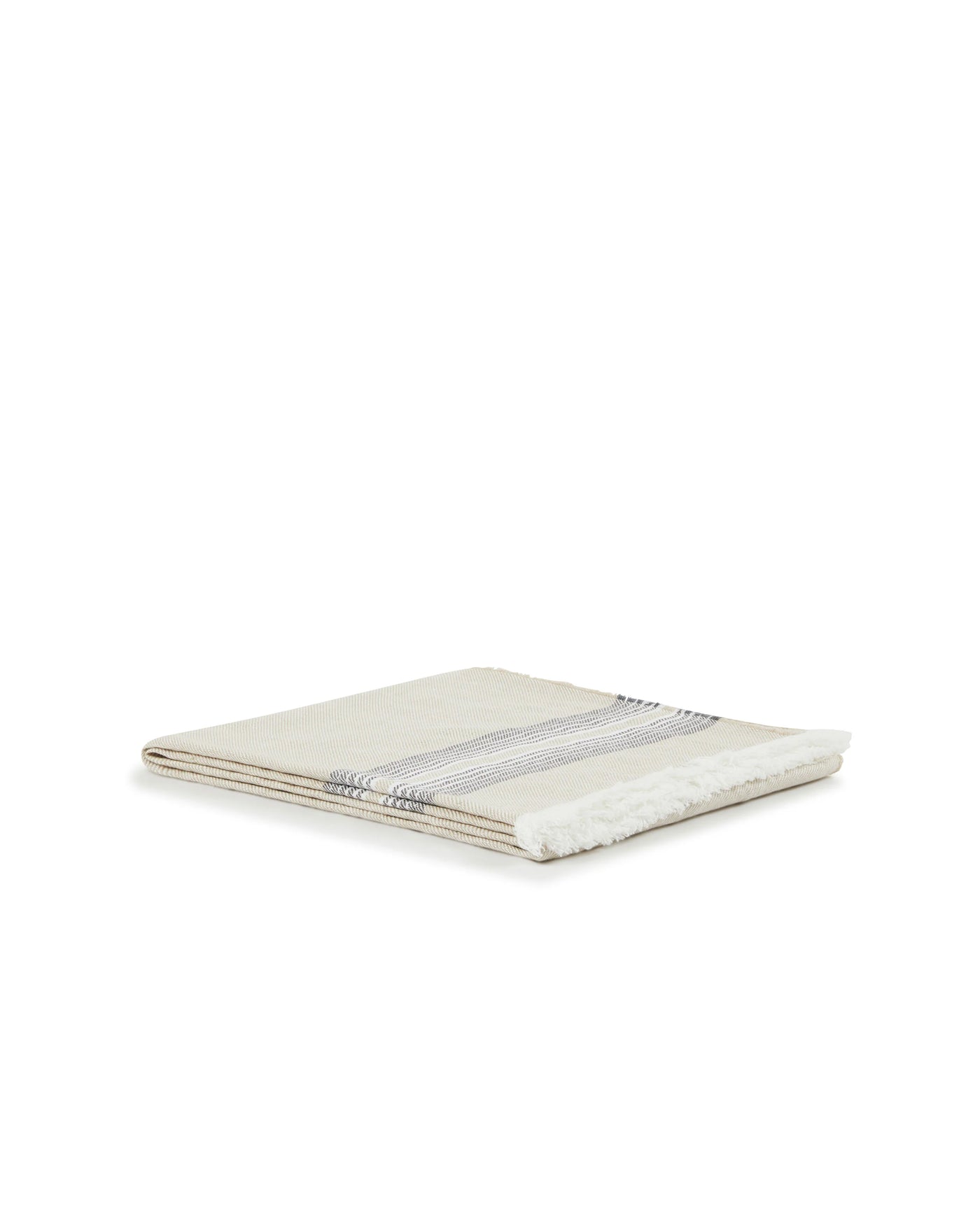 Lanerossi Palau throw folded flat, ivory with navy multi-stripe border detail.